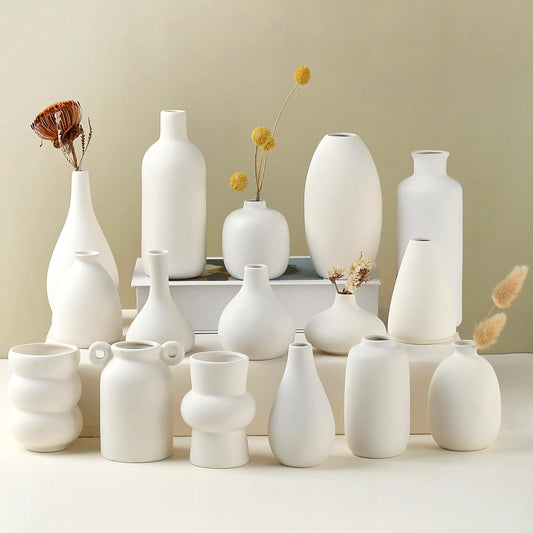 Set of 8 White Ceramic Vases for Dried Pampas Grass Flowers, Aesthetic Boho Modern Decor for Farmhouse Living Room Coffee Table Shelf Fireplace Centerpiece Bedroom Office Desk Home DIY Gifts - Jlhbookstore.store