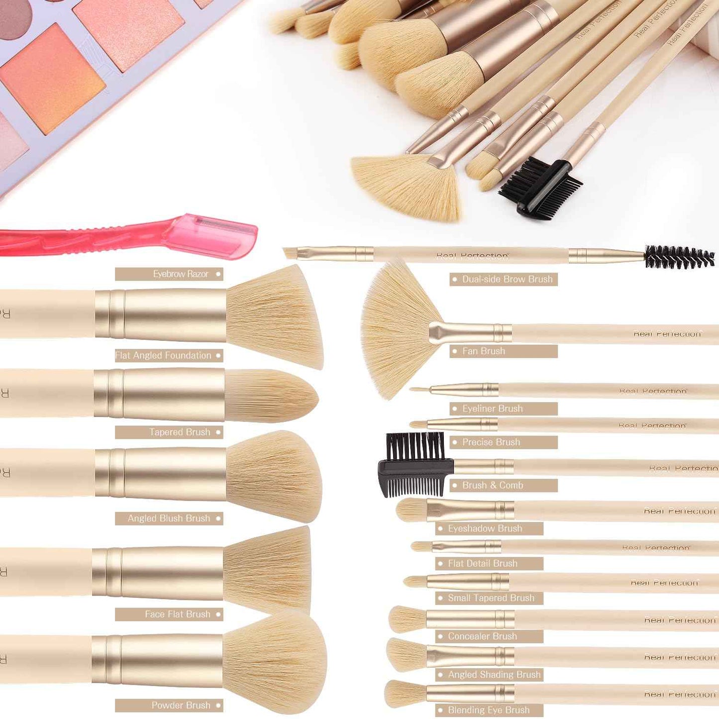 Real Perfection Makeup Brush Set 16 Pcs with 1 Eyebrow Razor Premium Synthetic Foundation Powder Concealers Eyeshadow Blush Makeup Brushes Make up Brushes Kit (Pink)