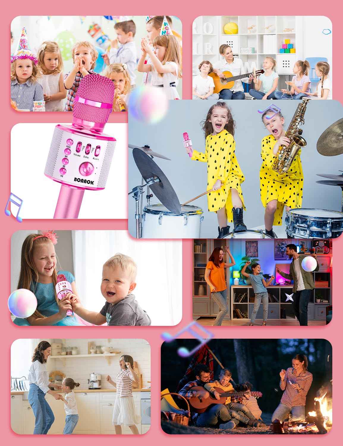 BONAOK Wireless Bluetooth Karaoke Microphone, Portable Toy Microphone for Singing, Gifts to Girls Boys Kids Adults All Age Q37（Bright Purple）