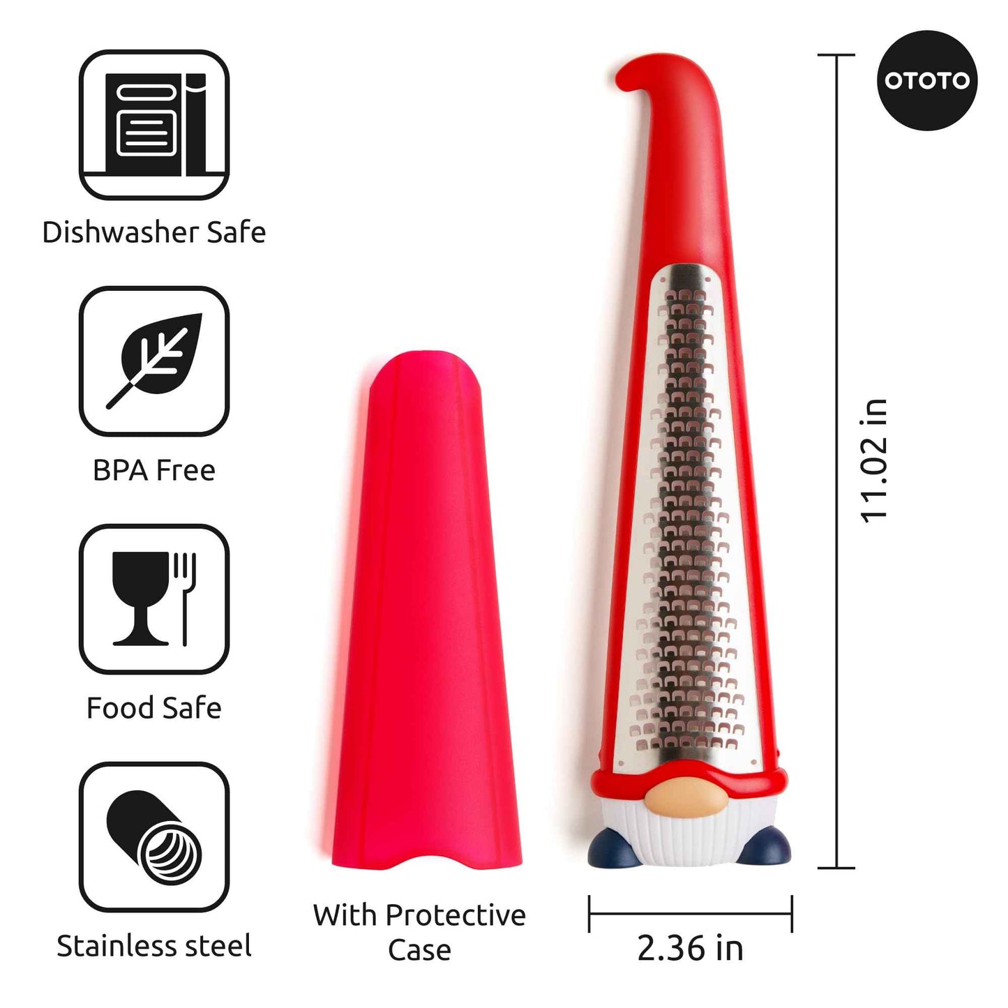 OTOTO Grater - Stainless Steel, BPA Free, Dishwasher Safe, Fun Kitchen Gadget, Vegetable Shredder, Cute Kitchen Gifts & Accessories (Pepito Gnome Grater, Red)