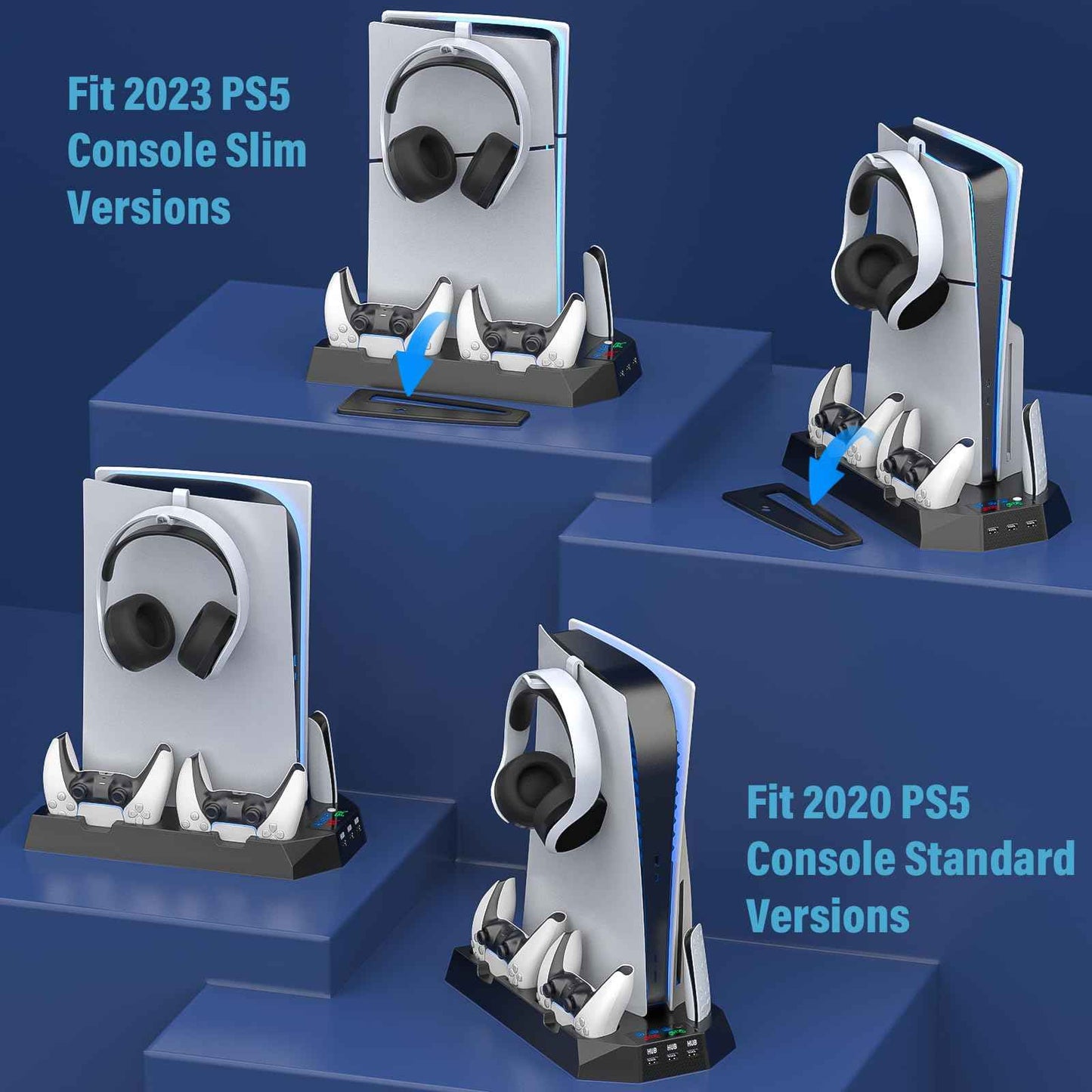 PS5/PS5 Slim/PS5 Pro Stand and Cooling Station with Dual Controller Charging Station for PlayStation 5 Console, PS5 Accessories Incl. Controller Charger, Cooling Fan, Headset Holder, 3 USB Hub, White