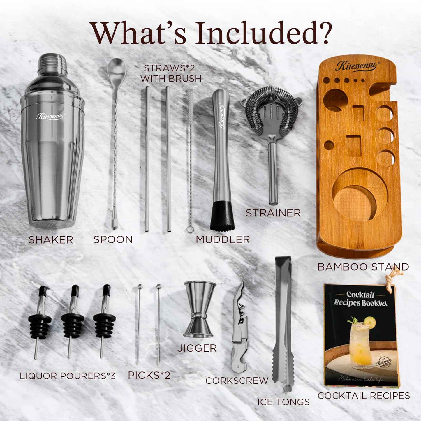 KITESSENSU Cocktail Shaker Set Bartender Kit with Stand | Bar Set Drink Mixer Set with All Essential Accessory Tools: Martini Shaker, Jigger, Strainer, Mixer Spoon, Muddler, Liquor Pourers |Silver