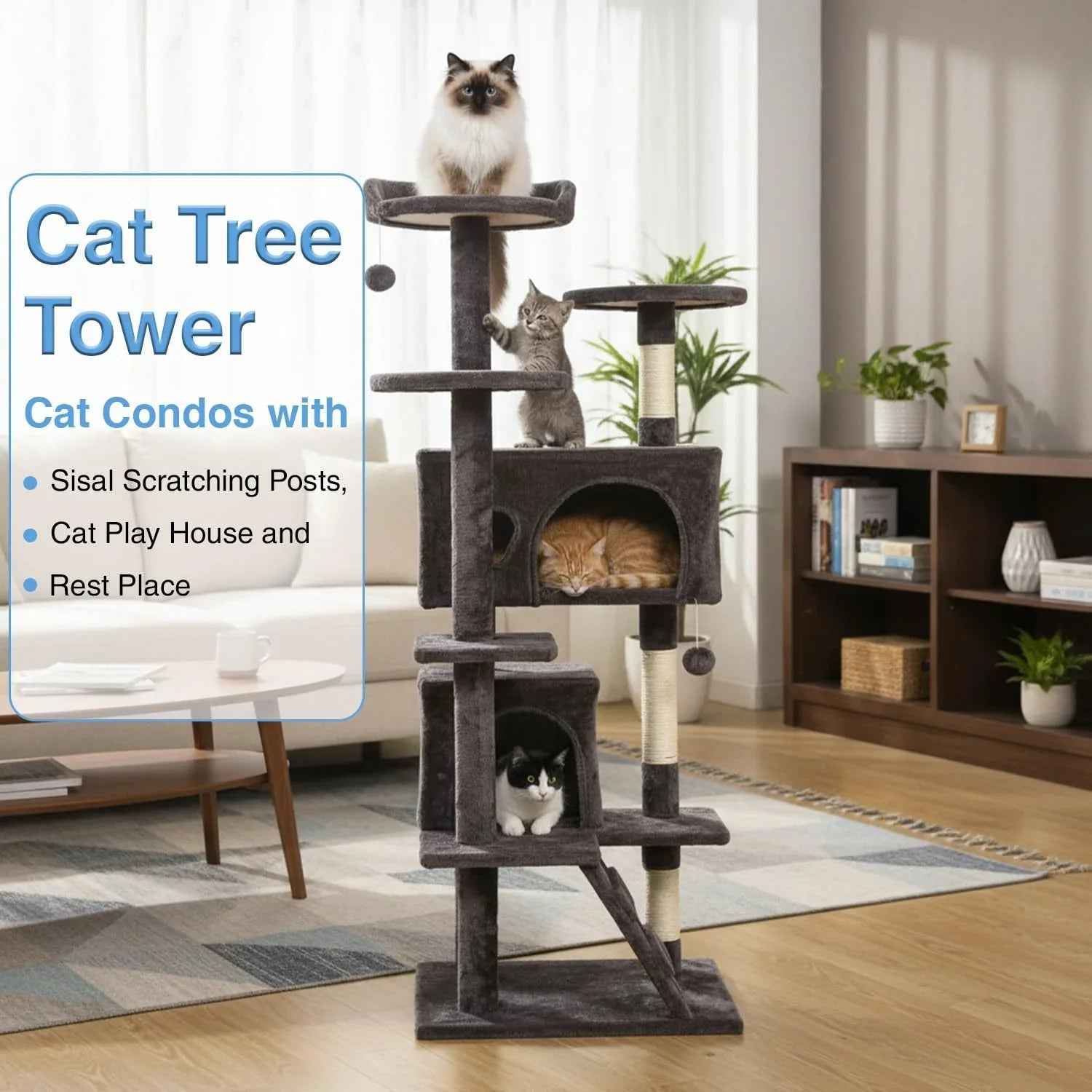 FDW Cat Tree 54in Cat Tower Multi-Level Durable Cat Scratching Post & Cozy Fun Cat Jumping Platform Space Saving Cat Condo Pet Play House for Indoor Cats,Dark Gray