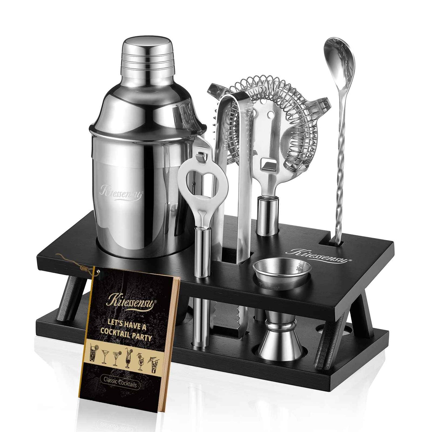 KITESSENSU Cocktail Shaker Set Bartender Kit with Stand | Bar Set Drink Mixer Set with All Essential Accessory Tools: Martini Shaker, Jigger, Strainer, Mixer Spoon, Muddler, Liquor Pourers |Silver