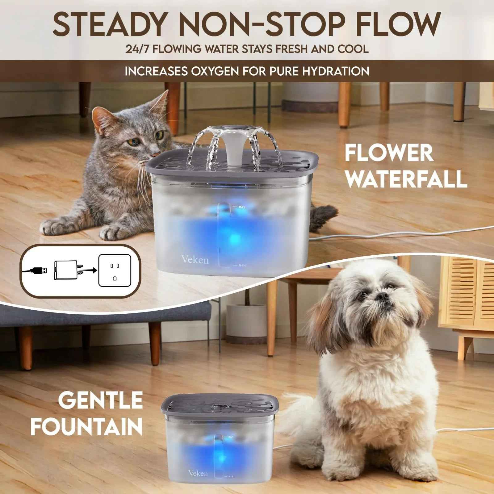 Veken Innovation Award Winner 95oz/2.8L Pet Fountain, Automatic Cat Water Fountain Dog Water Dispenser with Replacement Filters, Gifts for Christmas, Cats, Dogs, Multiple Pets (Grey, Plastic)