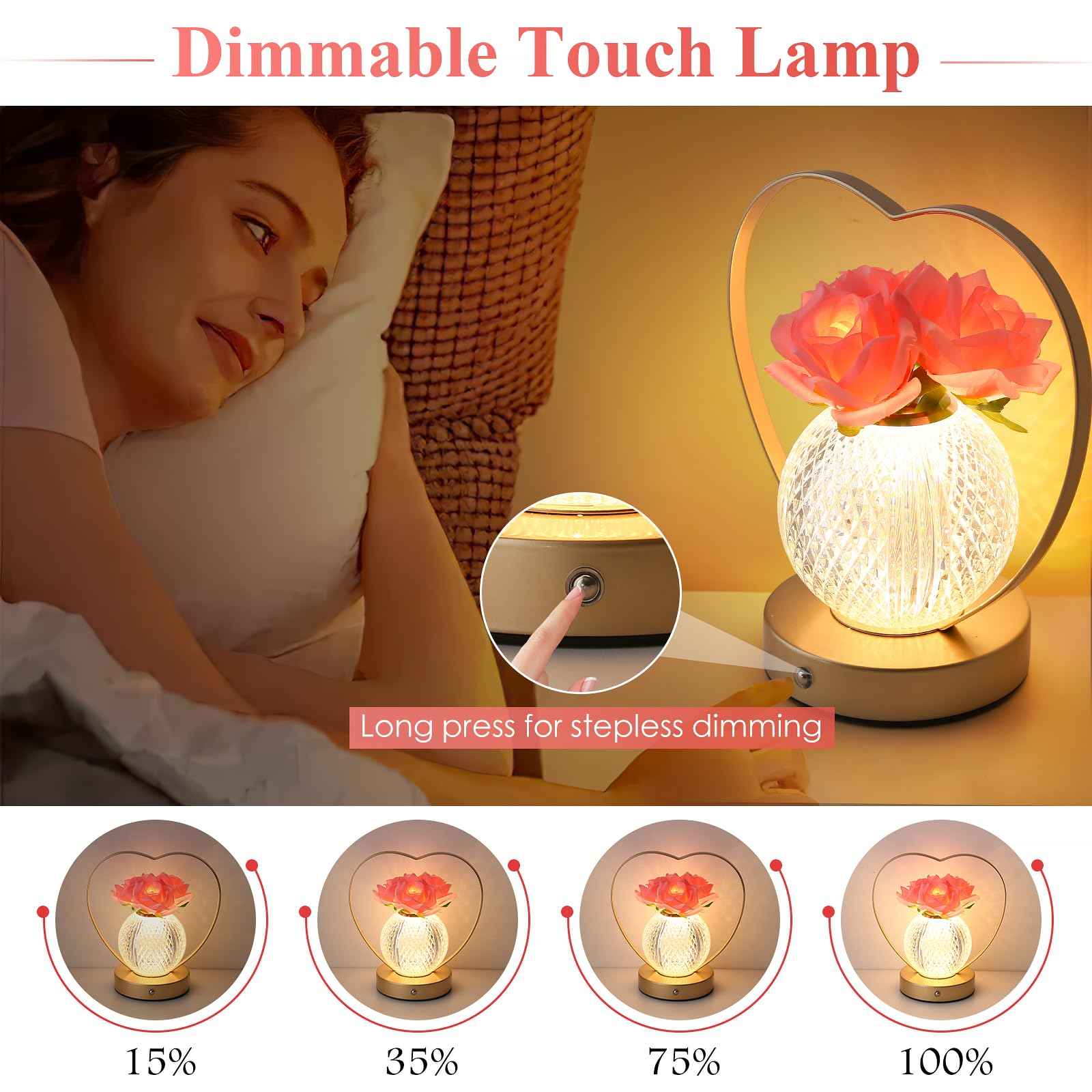 Sunflowers Flower Lamp,Rechargeable Cordless Touch Table Lamp,3-Colour Infinitely Dimming Small Night Light,Festival Restaurant Bedroom Bar Coffee Shop Birthday Gifts for Women Mom