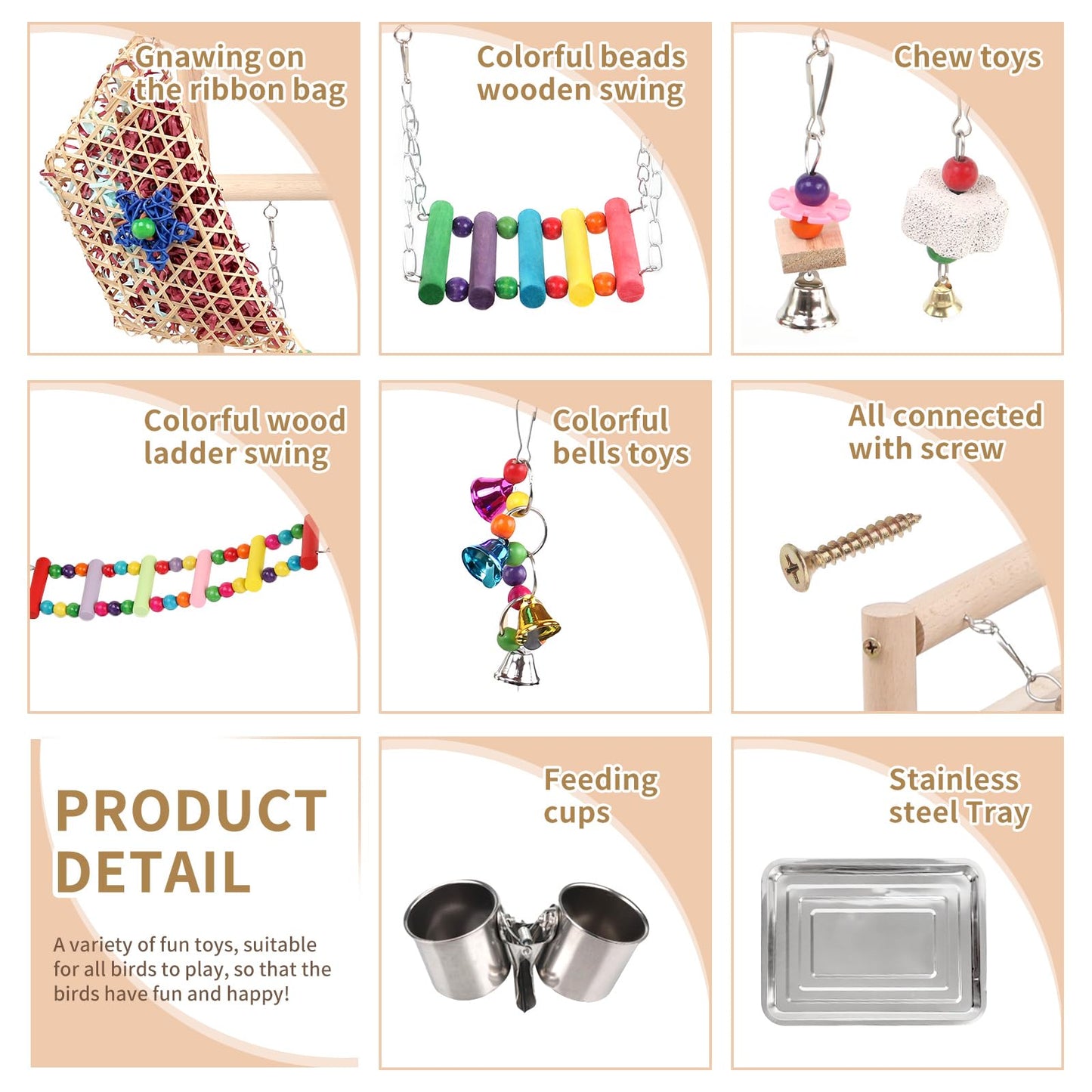 Bird Playground, Parrots Playstand for Small to Medium Birds, Perch Stand with 3 Ladders Playgym with Rope Perch, Swings Feeder Cups Bird Cage Accessories for Conure Cockatiel Lovebirds