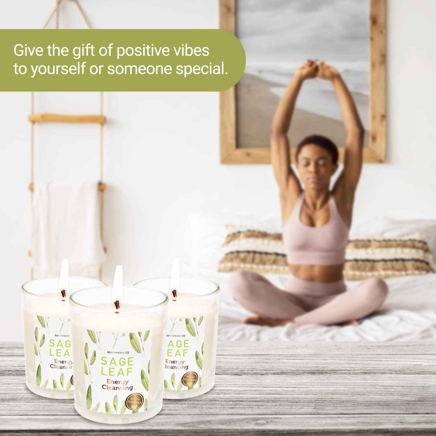 Magnificent 101 Set of 3 Long Lasting Pure Sage Smudge Candles - 42 Hour Burn, 3.5 Oz Each, Made with Soy Wax and Herb, Ideal for House Energy Cleansing, Meditation & Manifestation