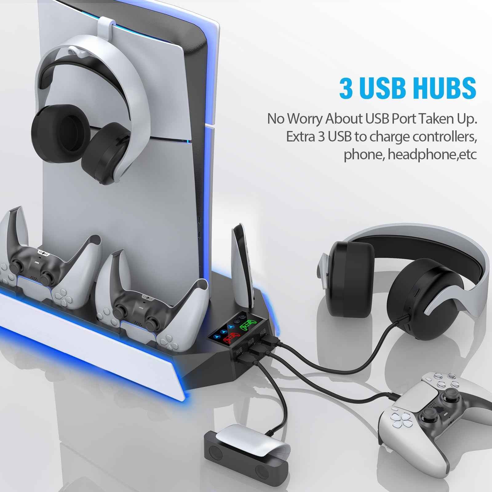 PS5/PS5 Slim/PS5 Pro Stand and Cooling Station with Dual Controller Charging Station for PlayStation 5 Console, PS5 Accessories Incl. Controller Charger, Cooling Fan, Headset Holder, 3 USB Hub, White