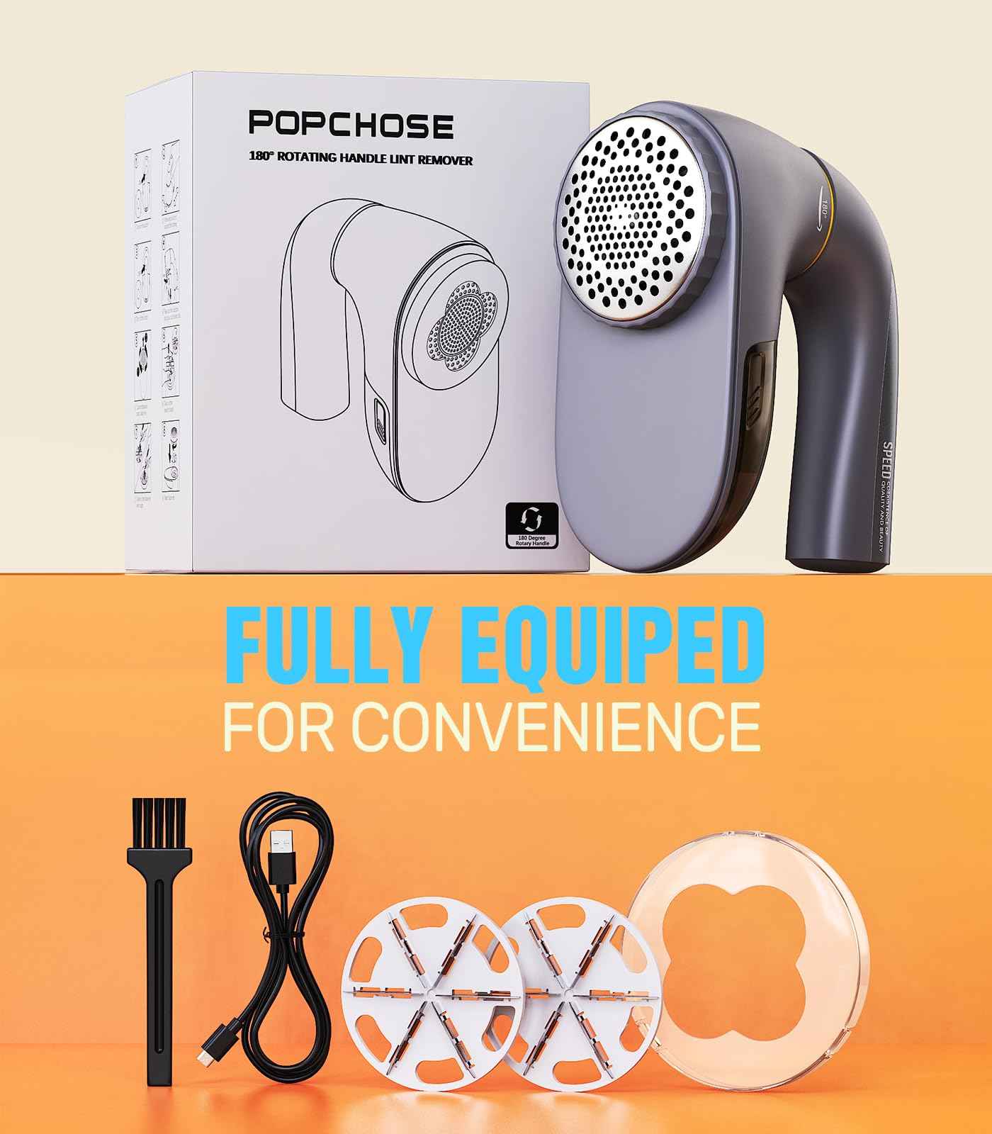 POPCHOSE Fabric Shaver, Lint Remover for Clothes, Lint Shaver with 6-Leaf Blades, 2 Speed Sweater Shavers to Remove Pilling for Clothing, Couch, Furniture, Fuzz, USB Rechargeble, Gray…