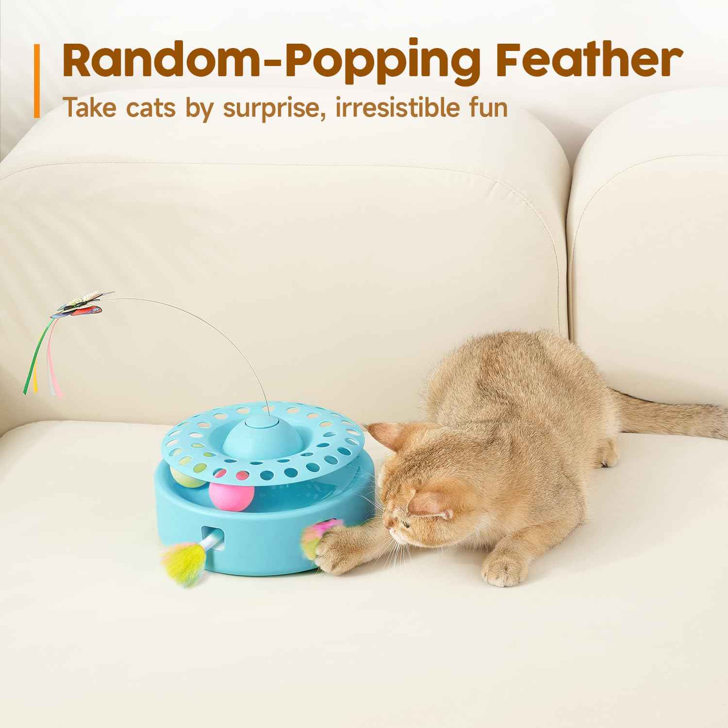 Potaroma Cat Toys 3in1 Automatic Interactive Kitten Toy, Fluttering Butterfly, Moving Feather, Track Balls, Dual Power Supplies, USB Powered, Indoor Exercise Kicker (Bright White)