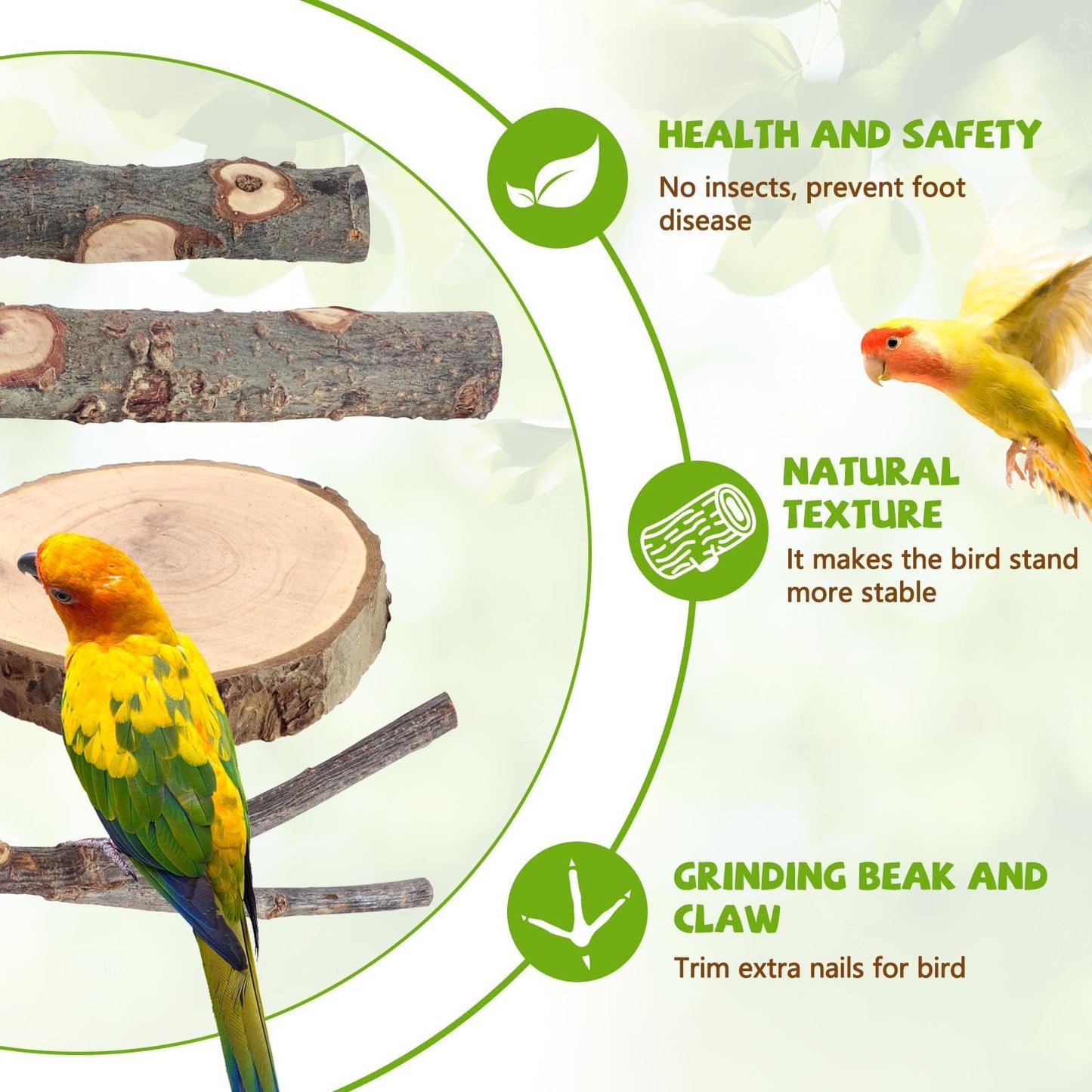Natural Wood Bird Perches for Cage, Parrot Perch Stand & Platform, Bird Cage Accessories for Parakeets, Cockatiels, Conures, Lovebirds (Brown, Core Perch & Platform - 8PCS)