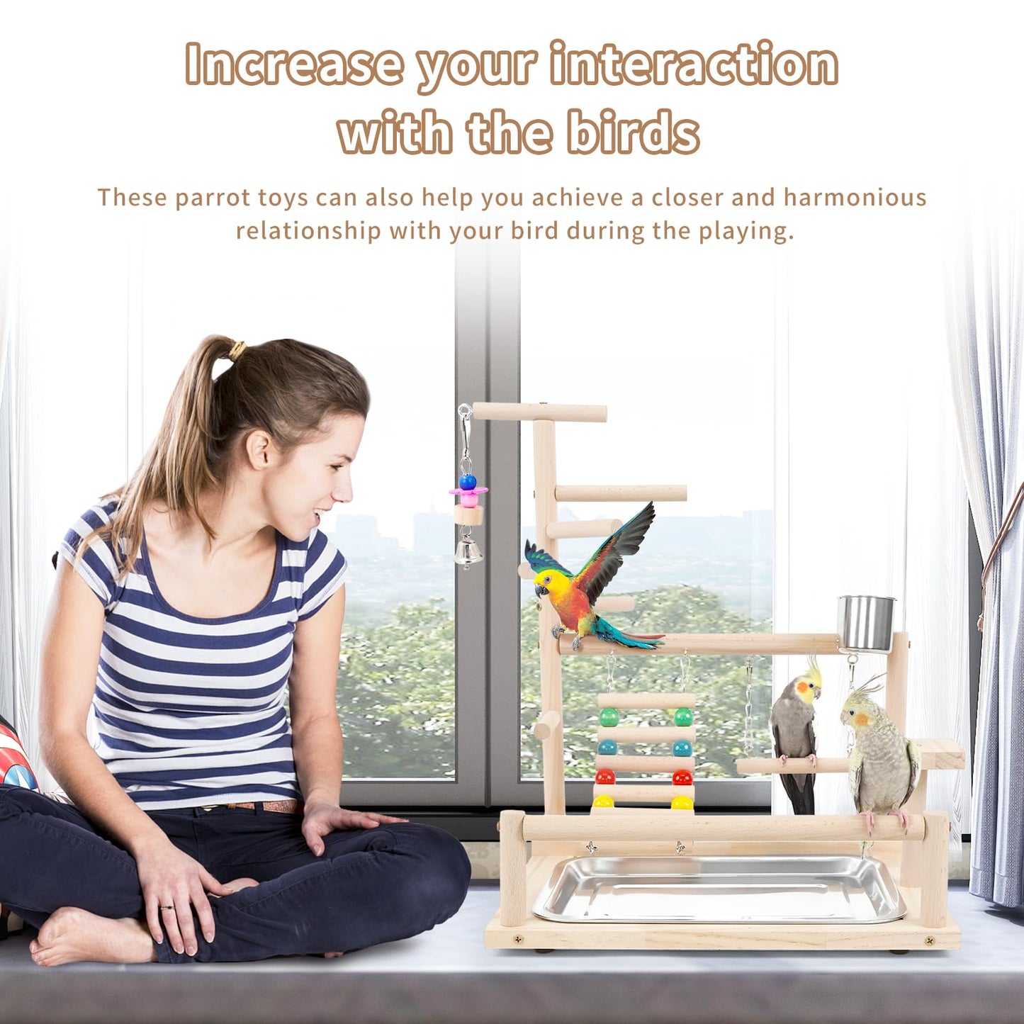 Bird Playground, Parrots Playstand for Small to Medium Birds, Perch Stand with 3 Ladders Playgym with Rope Perch, Swings Feeder Cups Bird Cage Accessories for Conure Cockatiel Lovebirds