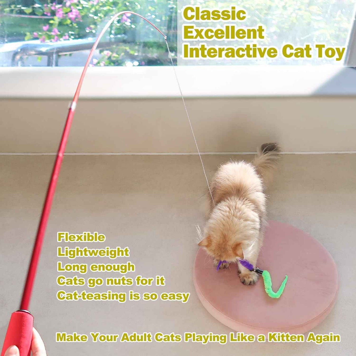 Cat Feather Toy, Retractable Cat Toys Wand 2 Wands & 9 Assorted Teaser Refills, Interactive Feather Teaser Wand Toy Bell Kitten Cat Having Fun Exerciser Playing