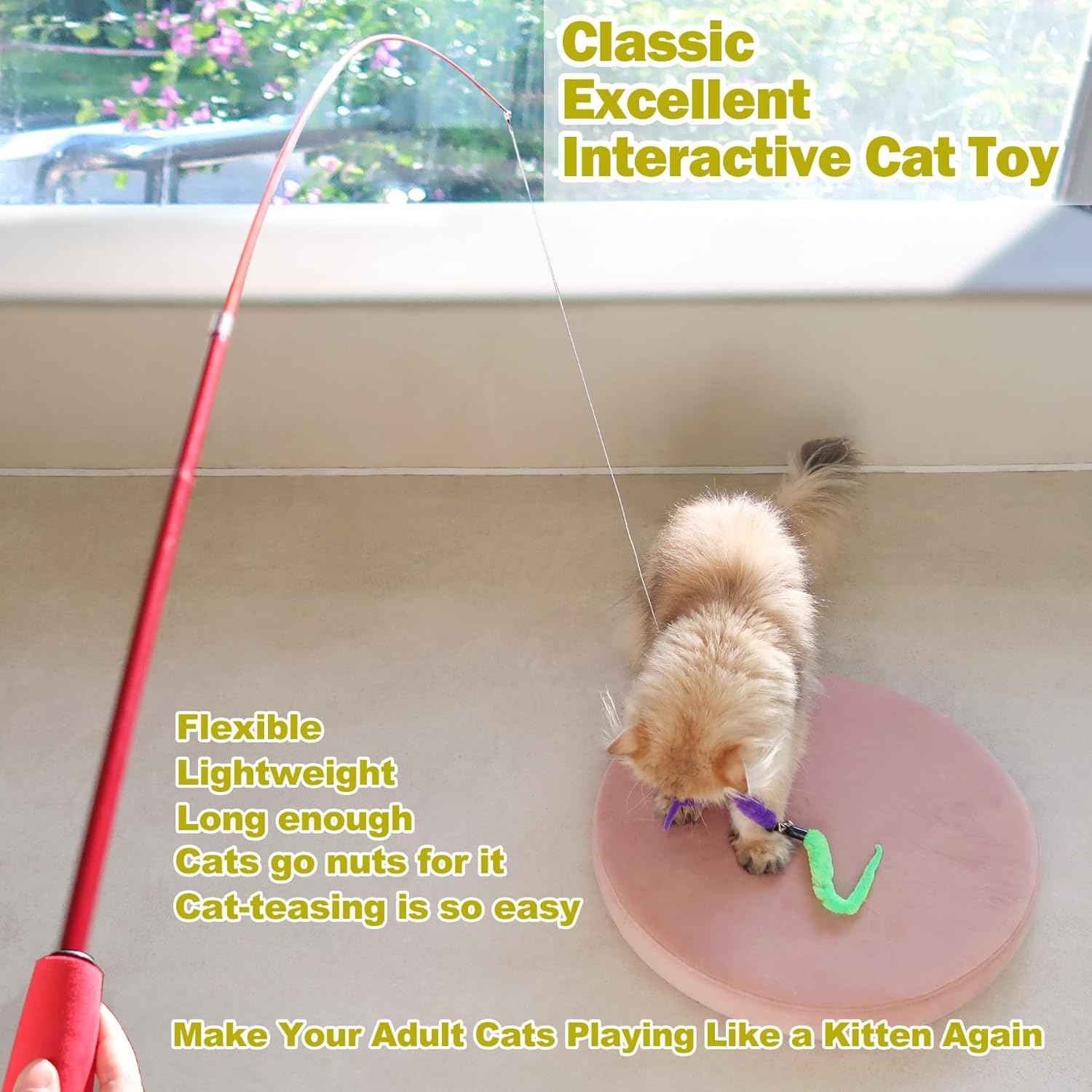 Cat Feather Toy, Retractable Cat Toys Wand 2 Wands & 9 Assorted Teaser Refills, Interactive Feather Teaser Wand Toy Bell Kitten Cat Having Fun Exerciser Playing