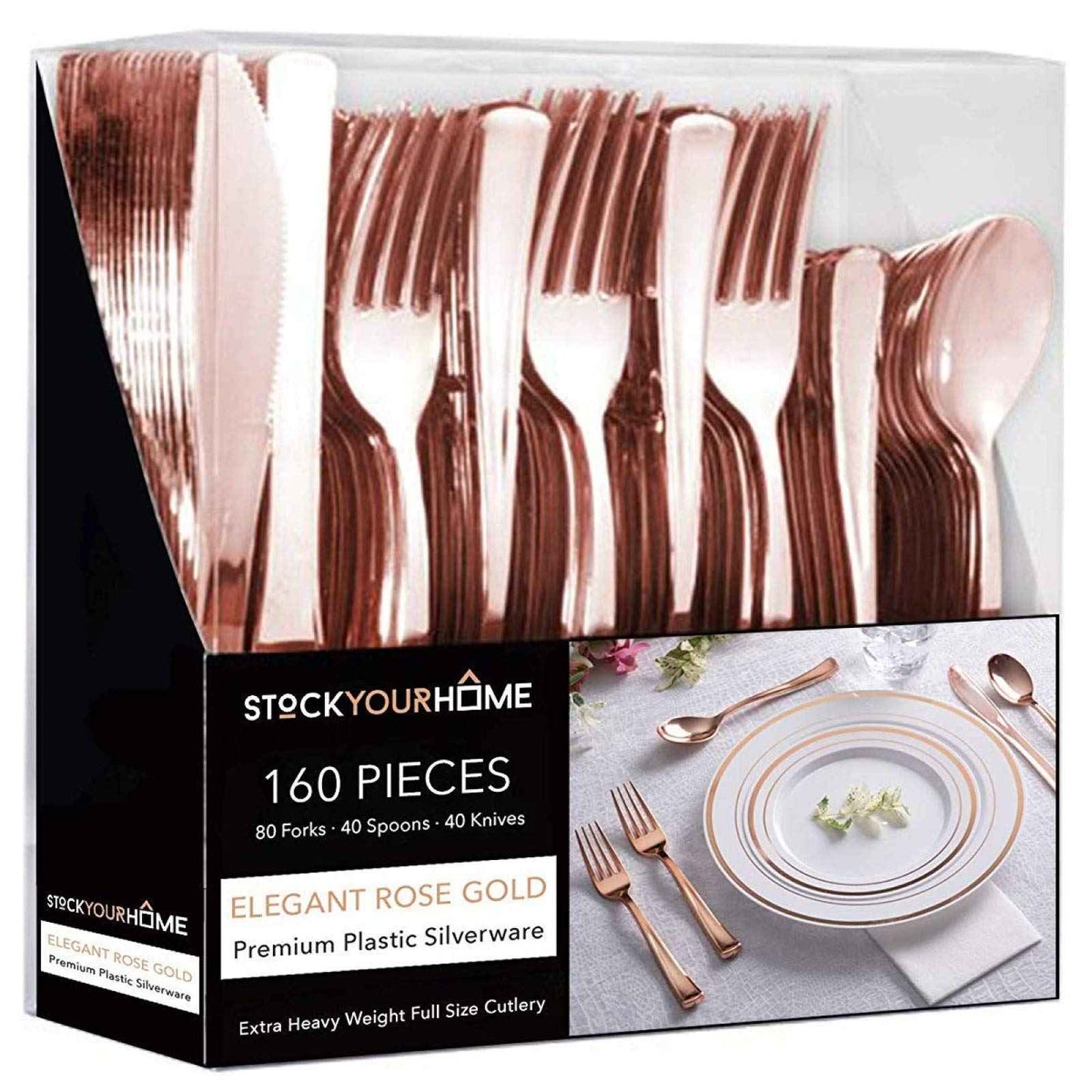 Gold Plastic Silverware Set (160 Bulk Pack) Disposable Cutlery Utensils, 80 Gold Forks, 40 Gold Knives, 40 Gold Spoons, Heavy Duty Flatware For Holidays, Parties, Dinners, Weddings, and Occasions