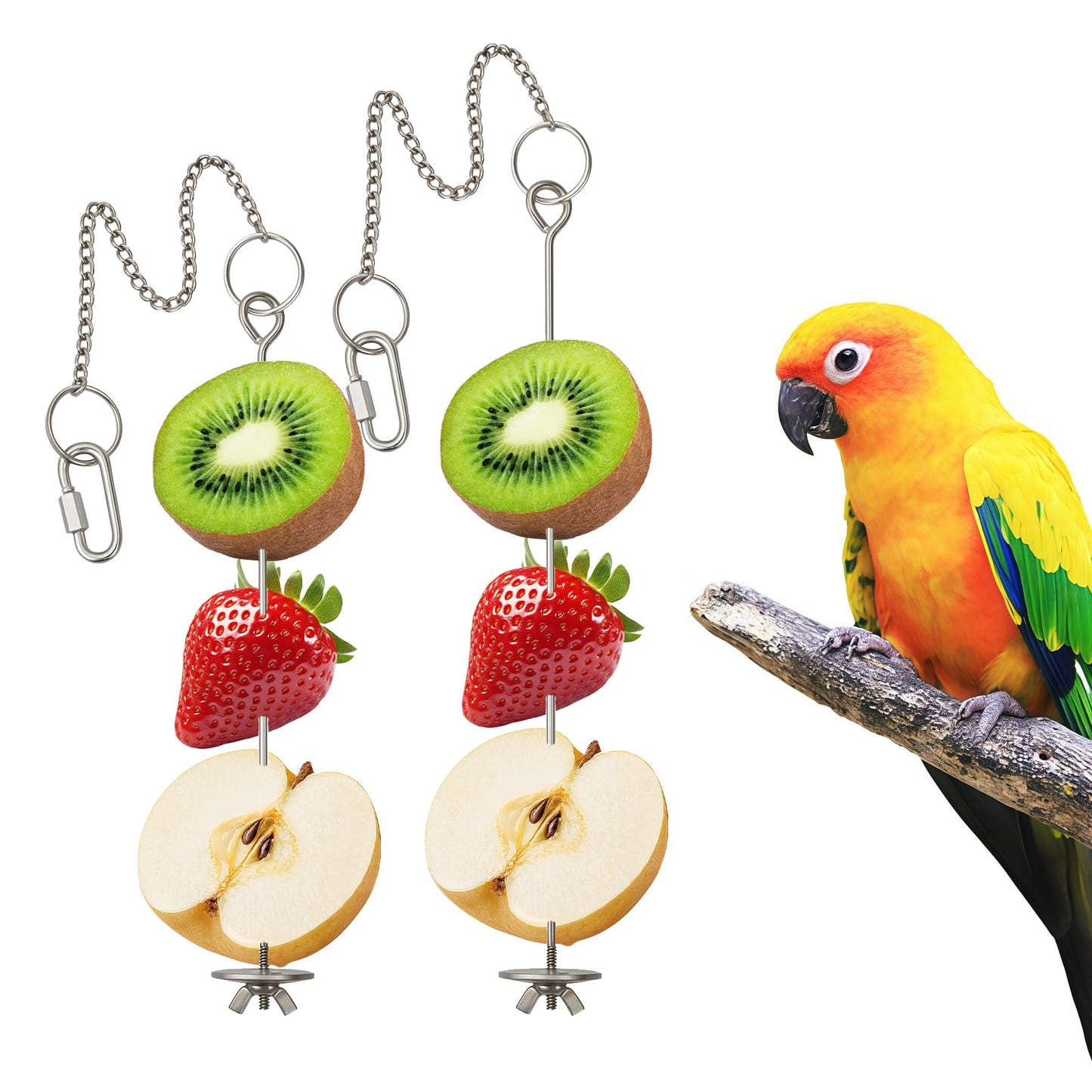 3 Pcs Bird Cage Food Holder Stainless Steel Parrot Fruit & Vegetable Skewer Hanging Foraging Toy for Parakeets, Budgies, Macaws