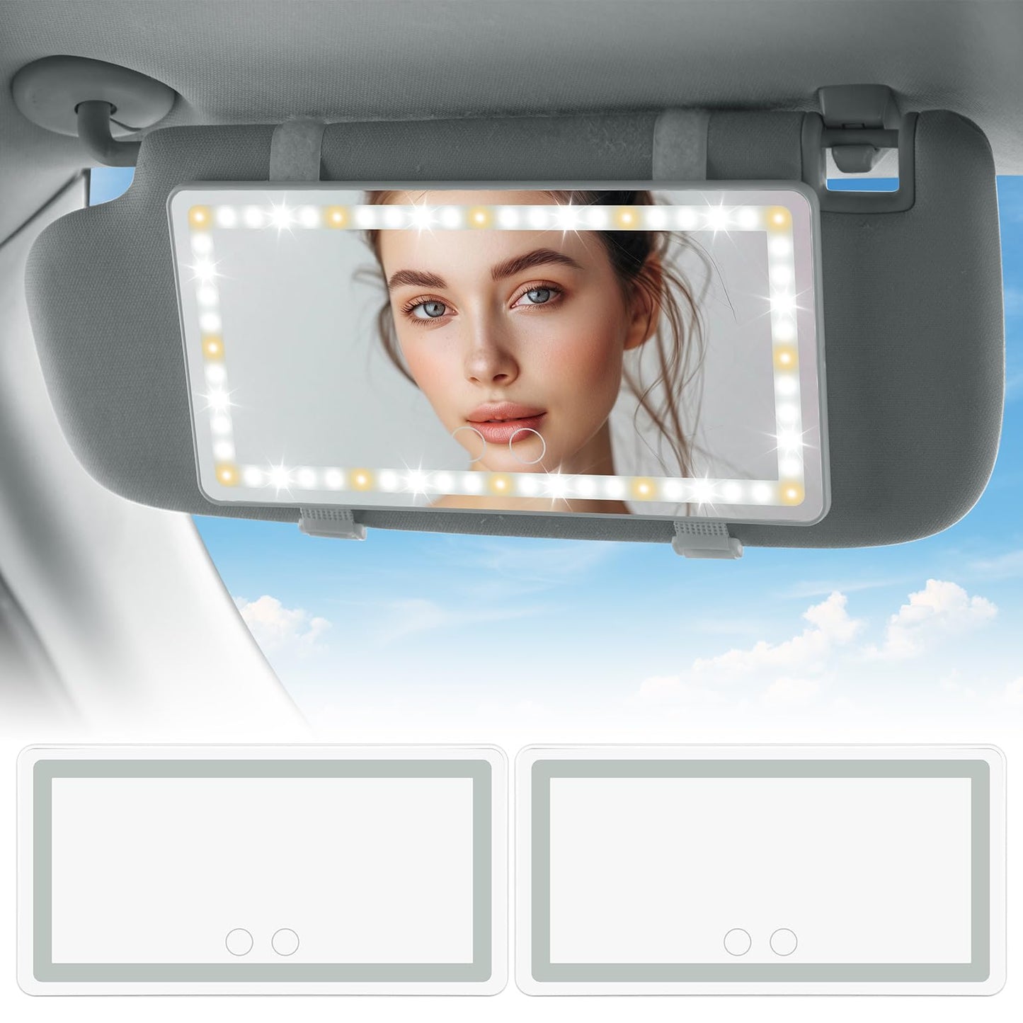 JOYTUTUS Car Sun Visor Vanity Mirror with Lights, 3 Light Modes & 60 LEDs, Rechargeable Dimmable Touch Control Travel Makeup Mirror for Truck SUV
