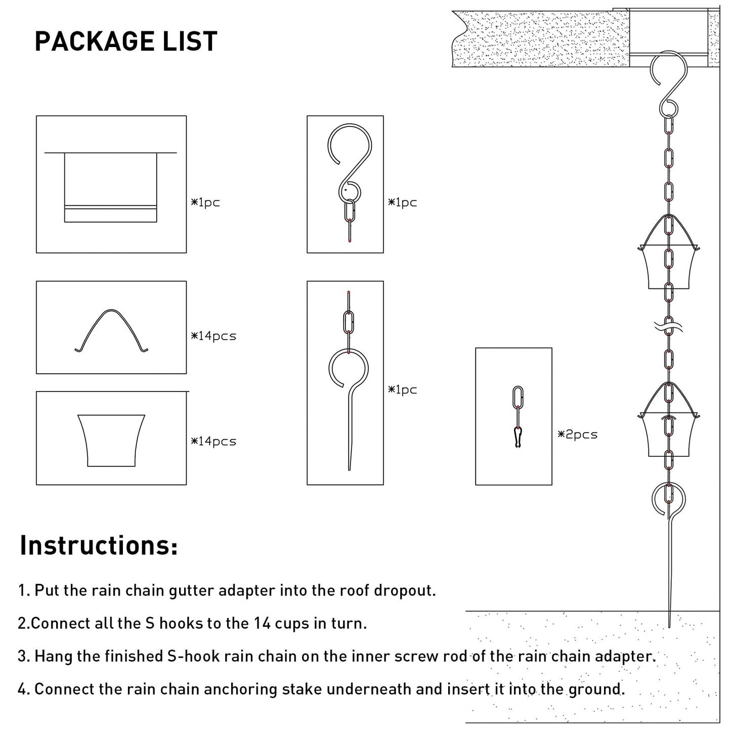 Rain Chain Bird Cage Set 8.5Ft, Not Rust Wrought Iron Rain Chains for Gutters with Adapter Gotta Drain and Sturdy Anchoring Stake,13 Cups, 1 Hook, Adjustable Length for Garden Decorative (Coffee)