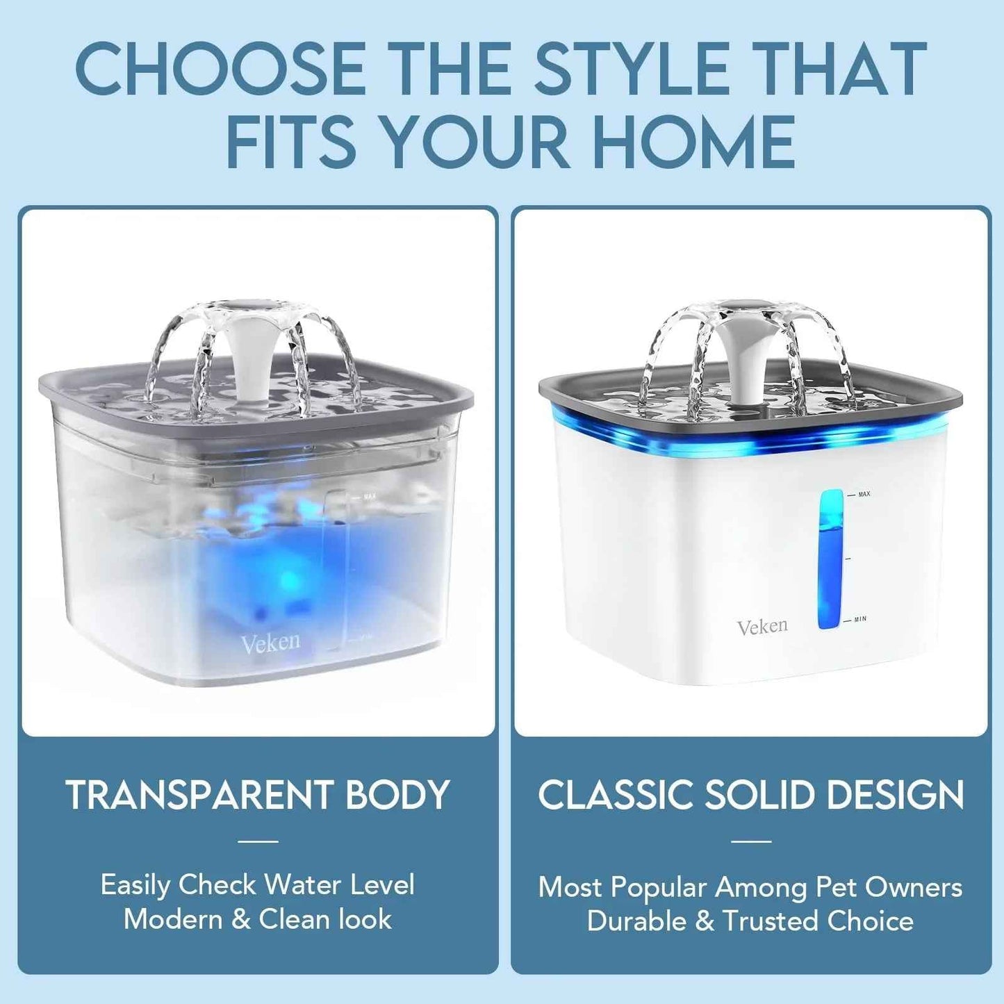 Veken Innovation Award Winner 95oz/2.8L Pet Fountain, Automatic Cat Water Fountain Dog Water Dispenser with Replacement Filters, Gifts for Christmas, Cats, Dogs, Multiple Pets (Grey, Plastic)