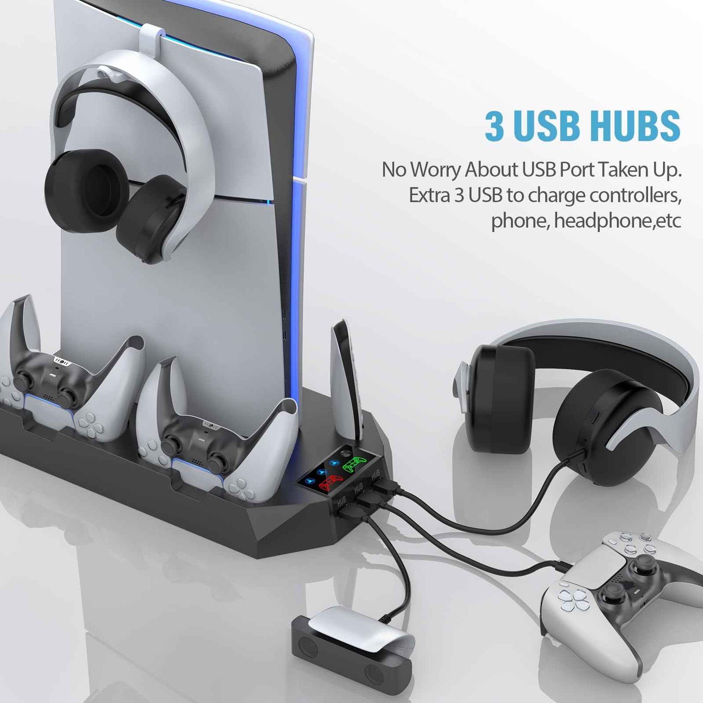 PS5/PS5 Slim/PS5 Pro Stand and Cooling Station with Dual Controller Charging Station for PlayStation 5 Console, PS5 Accessories Incl. Controller Charger, Cooling Fan, Headset Holder, 3 USB Hub, White