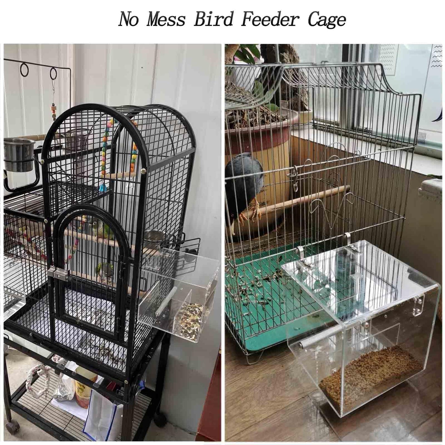 No Mess Bird Feeder for Cage, Automatic Acrylic No Mess Bird Feeder Cage for Parrots Canary Parakeet Budgerigar Crested Myna Cockatiel Lovebird (Large)