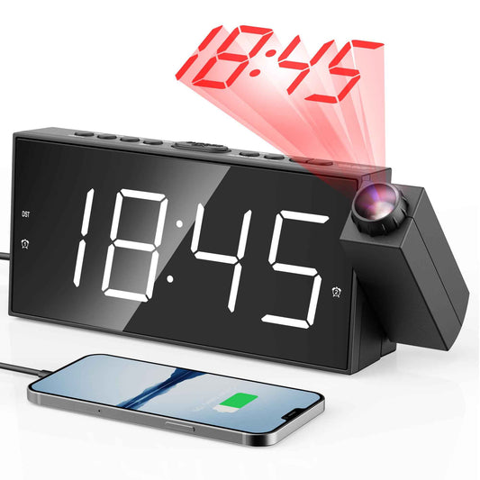 Digital Projection Alarm Clocks for Bedrooms - Large LED Display, 180° Rotatable Projector, 5-Level Dimmer,USB Charger,Battery Backup,Loud Dual Alarms for Kids Elderly,Heavy Sleepers,Snooze,12/24H,DST