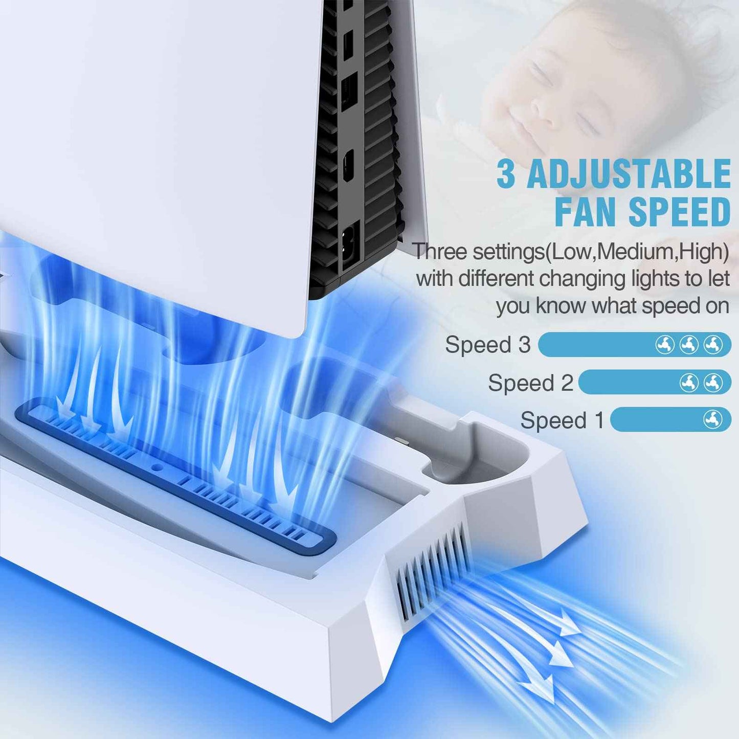 PS5/PS5 Slim/PS5 Pro Stand and Cooling Station with Dual Controller Charging Station for PlayStation 5 Console, PS5 Accessories Incl. Controller Charger, Cooling Fan, Headset Holder, 3 USB Hub, White