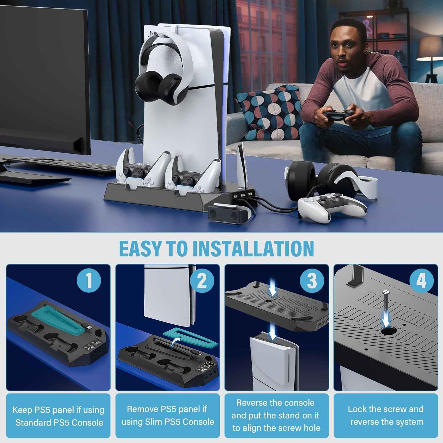 PS5/PS5 Slim/PS5 Pro Stand and Cooling Station with Dual Controller Charging Station for PlayStation 5 Console, PS5 Accessories Incl. Controller Charger, Cooling Fan, Headset Holder, 3 USB Hub, White