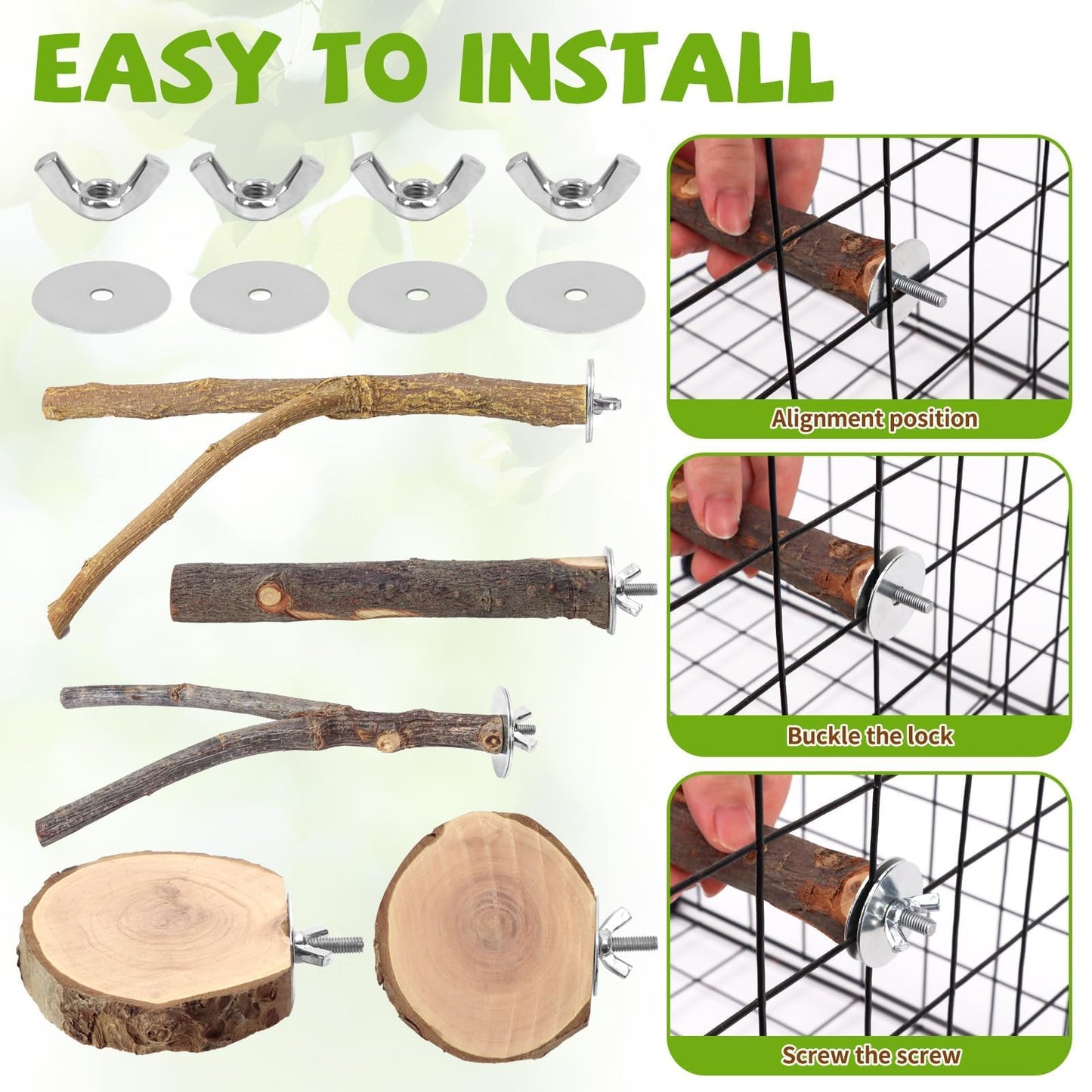 Natural Wood Bird Perches for Cage, Parrot Perch Stand & Platform, Bird Cage Accessories for Parakeets, Cockatiels, Conures, Lovebirds (Brown, Core Perch & Platform - 8PCS)