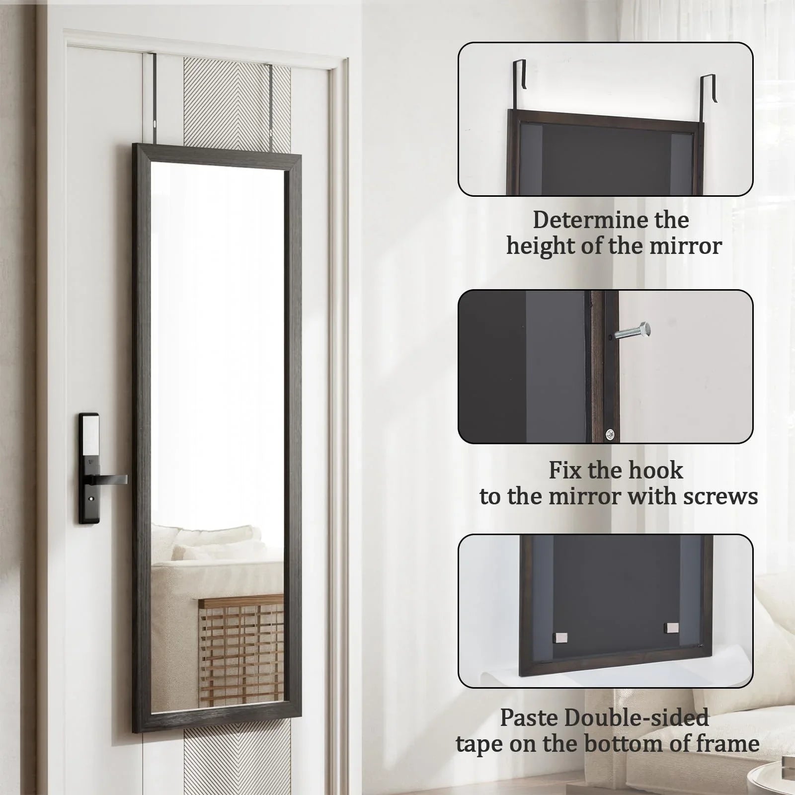 VooBang 14"x48" Full Length Over The Door Mirror - Aluminum Alloy Frame Full Body Mirror with Height-Adjustable Hangers, Hanging Leaning Against Wall for Dorm, Black - Jlhbookstore.store