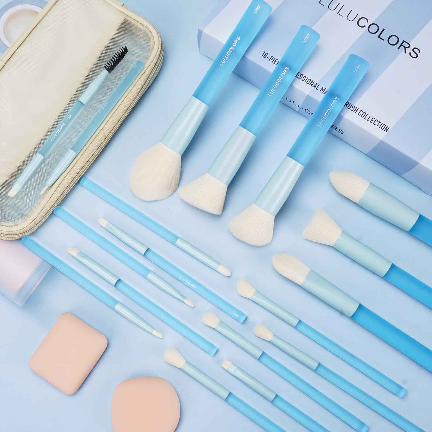 18-Pcs Makeup Brush Set for Beginners - Travel-Friendly with Soft Arthritis-Friendly Handles & Non-Shedding Bristles | Includes Storage Bag, Eyeshadow Brushes & Sponges (Multi-Color)