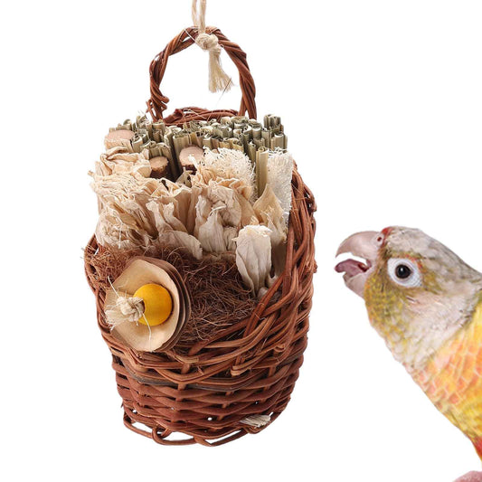 Natural Bird Chew Toys Shreddable Toys Made of Seagrass, Timothy Grass & Corn Leaves with Wood Hook for Cockatiels, Parakeets, Small Medium Birds (Pinecone Woven Basket)