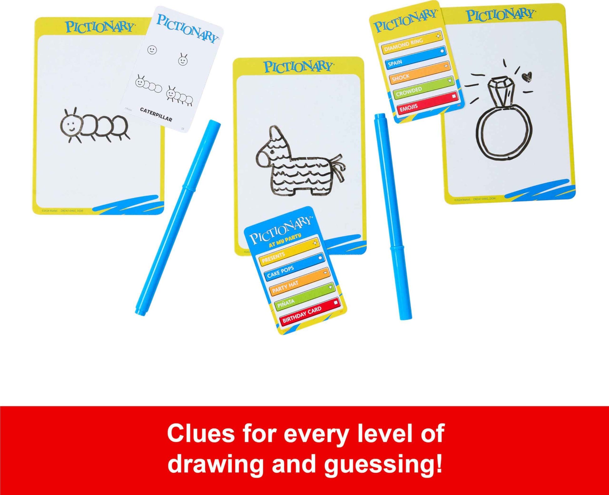 Mattel Games Pictionary Family Board Game for Kids, Adults and Game Night for 2 Teams with Erasable Markers, Boards and Sand Timer