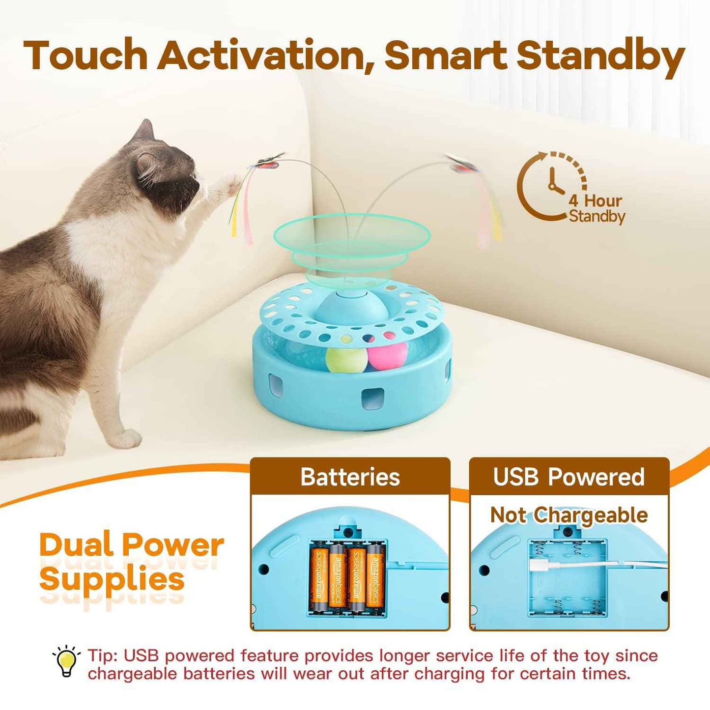 Potaroma Cat Toys 3in1 Automatic Interactive Kitten Toy, Fluttering Butterfly, Moving Feather, Track Balls, Dual Power Supplies, USB Powered, Indoor Exercise Kicker (Bright White)