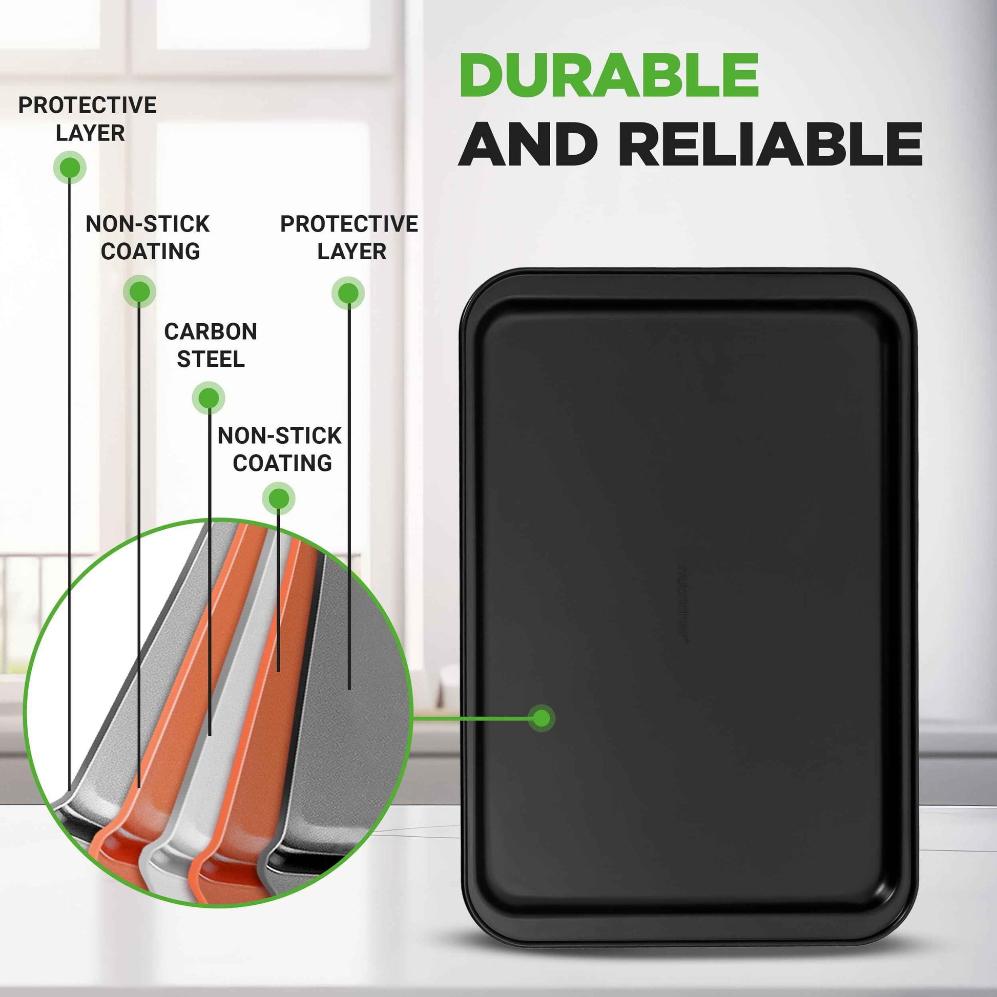 NutriChef 3-Piece Nonstick Kitchen Oven Baking Pans - Premium & Stylish Non-Stick Steel, Commercial Grade Restaurant Quality Metal Bakeware with Red Silicone Handles - Easy to Clean, NCSBS3S