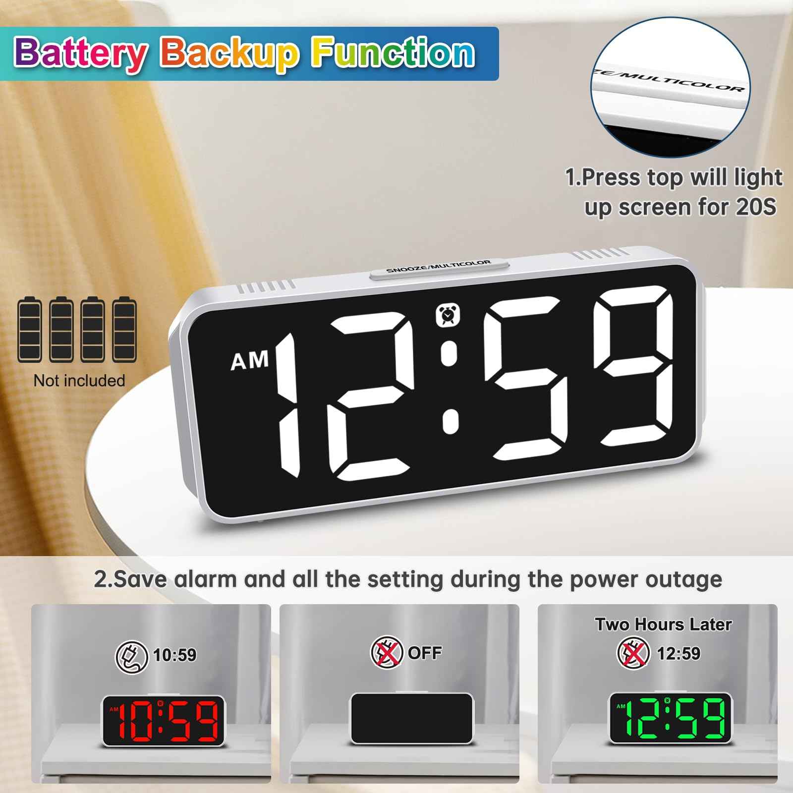 Peakeep Small Digital Alarm Clock Plug in for Bedrooms Bedside, Tiny Electric Clock Large Big Numbers Display with Battery Backup for Desk Table, 6 Dimmers, 5 Adjustable Alarm Volumes (Blue)