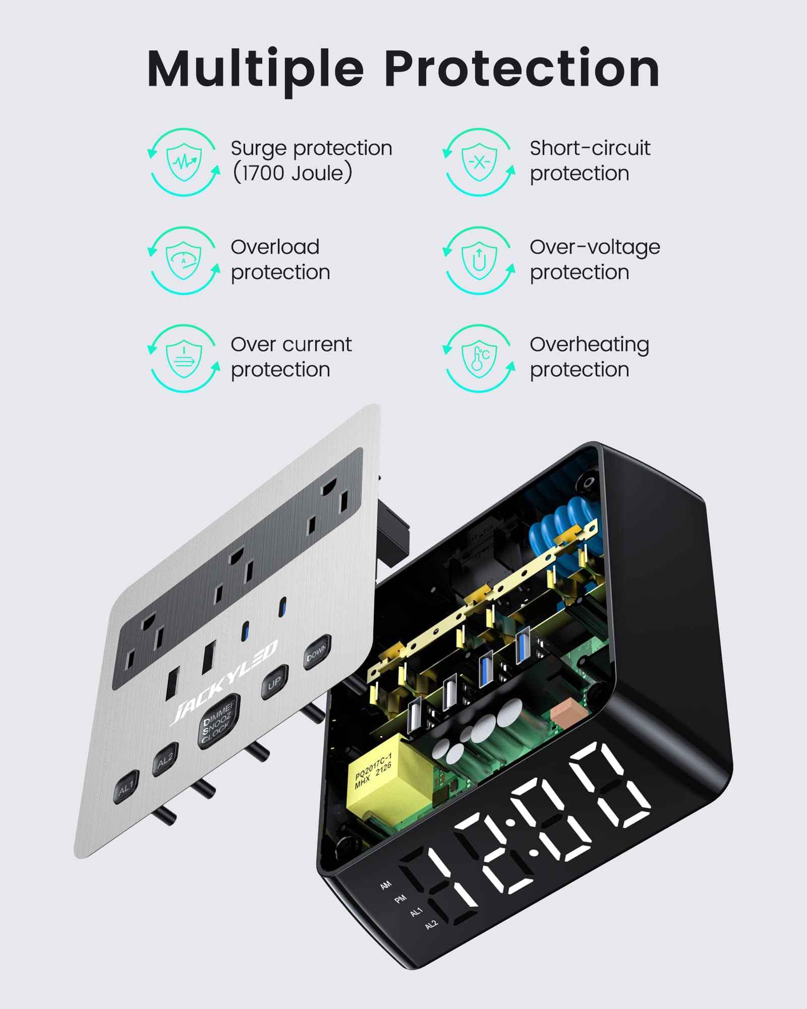 JACKYLED Alarm Clock with 4 USB Chargers Power Strip 3 Outlets 1700J Surge Protector Nightstand Dimmable Digital Clock with Dual Alarm and Snooze Function for Bedroom, Full Screen LED Display