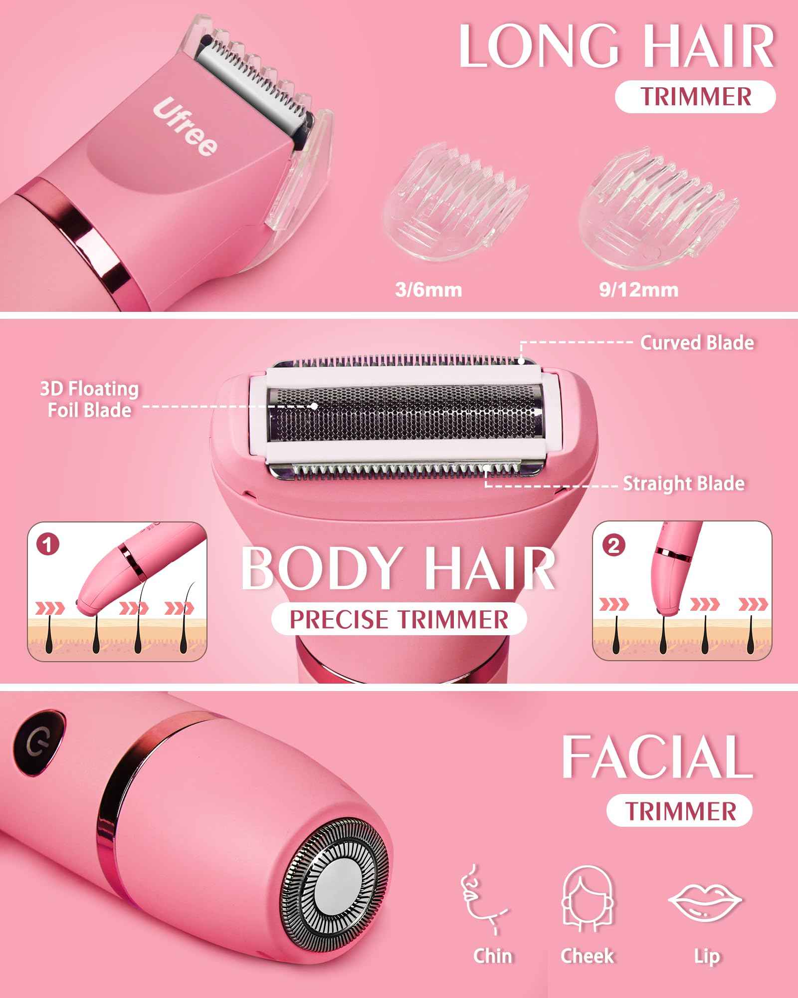 Ufree Bikini Trimmer Electric Razors for Women, Rechargeable Pubic Body Hair Trimmer Electric Shaver for Legs Body Hair, Bikini Shaver IPX7 Waterproof, Gifts for Women, Purple