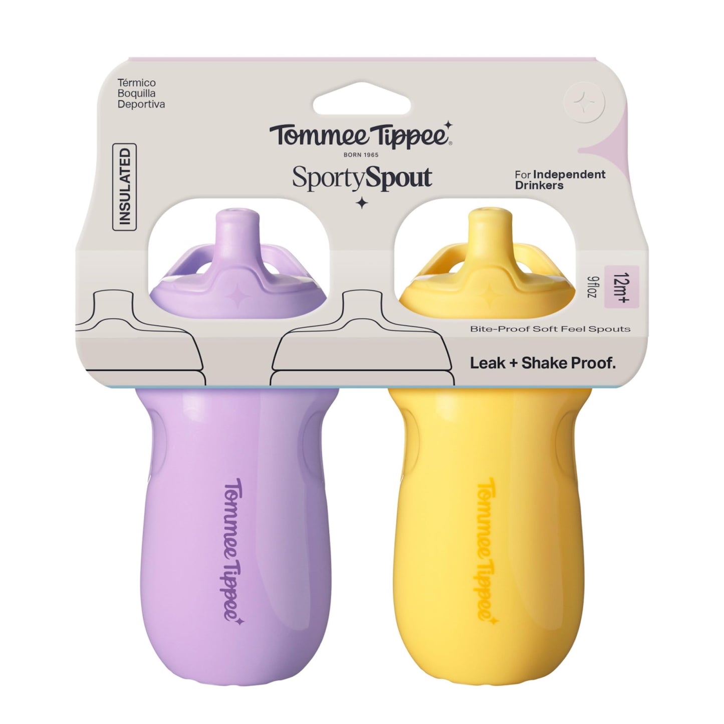 Tommee Tippee Insulated 9oz Sporty Spout Toddler Water Bottle, No Spill, Sippy Cups for Toddlers 1-3, Two-Piece Valve Helps Stop Spills, Light Blue & Orange, BPA Free, Pack of 2