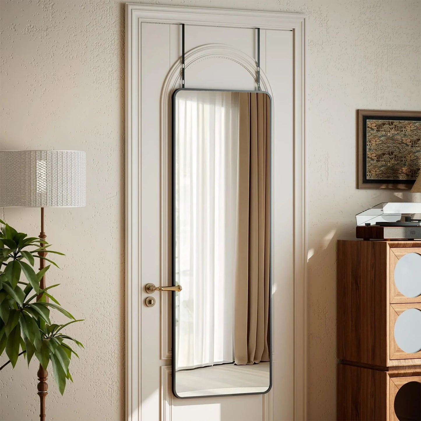 VooBang 14"x48" Full Length Over The Door Mirror - Aluminum Alloy Frame Full Body Mirror with Height-Adjustable Hangers, Hanging Leaning Against Wall for Dorm, Black - Jlhbookstore.store