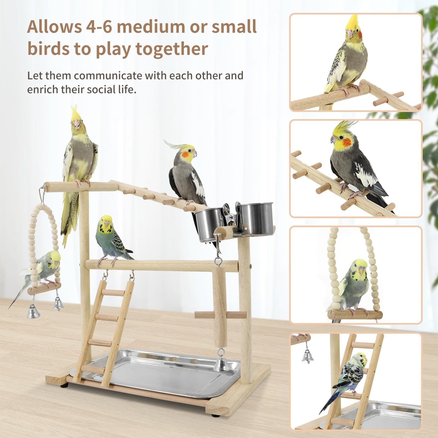 Bird Playground, Parrots Playstand for Small to Medium Birds, Perch Stand with 3 Ladders Playgym with Rope Perch, Swings Feeder Cups Bird Cage Accessories for Conure Cockatiel Lovebirds