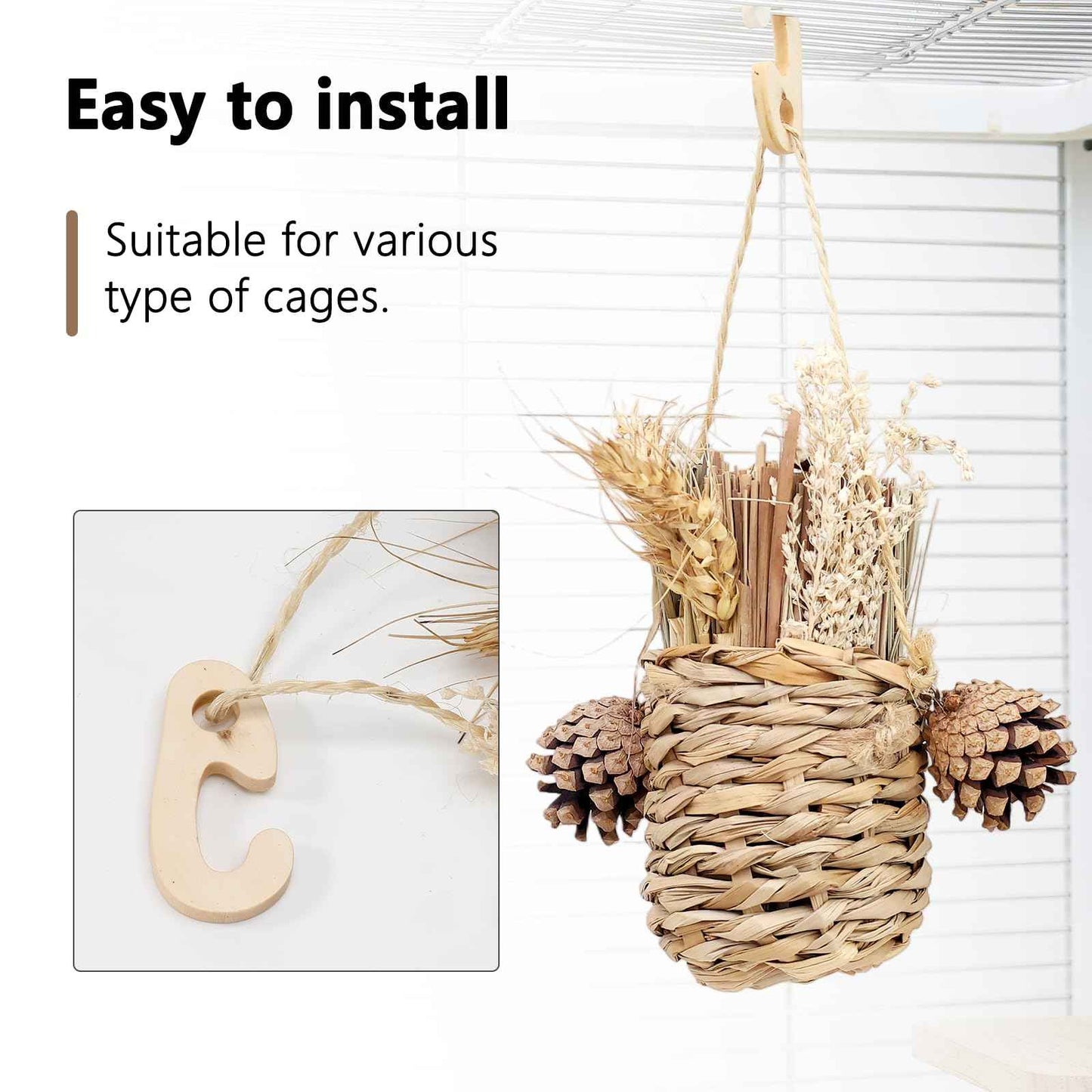 Natural Bird Chew Toys Shreddable Toys Made of Seagrass, Timothy Grass & Corn Leaves with Wood Hook for Cockatiels, Parakeets, Small Medium Birds (Pinecone Woven Basket)