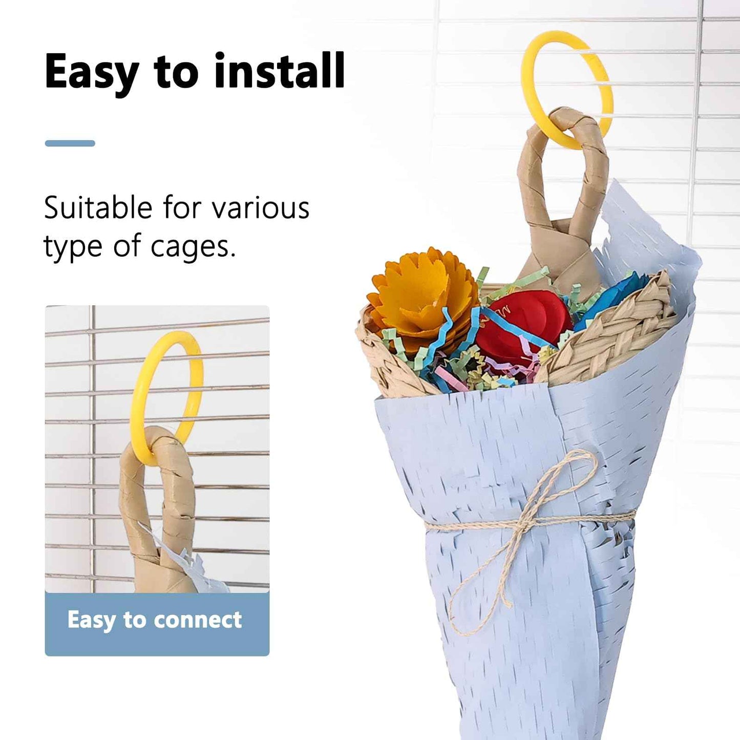 Parrot Chew Toys Set - Natural Wood & Loofah Toys with Plant-Based Dyes, 3 Pack Bird Chew Toys for Cockatiels, Conures & Small Parrots for Cage Enrichment (3 Pieces of Blue Series)