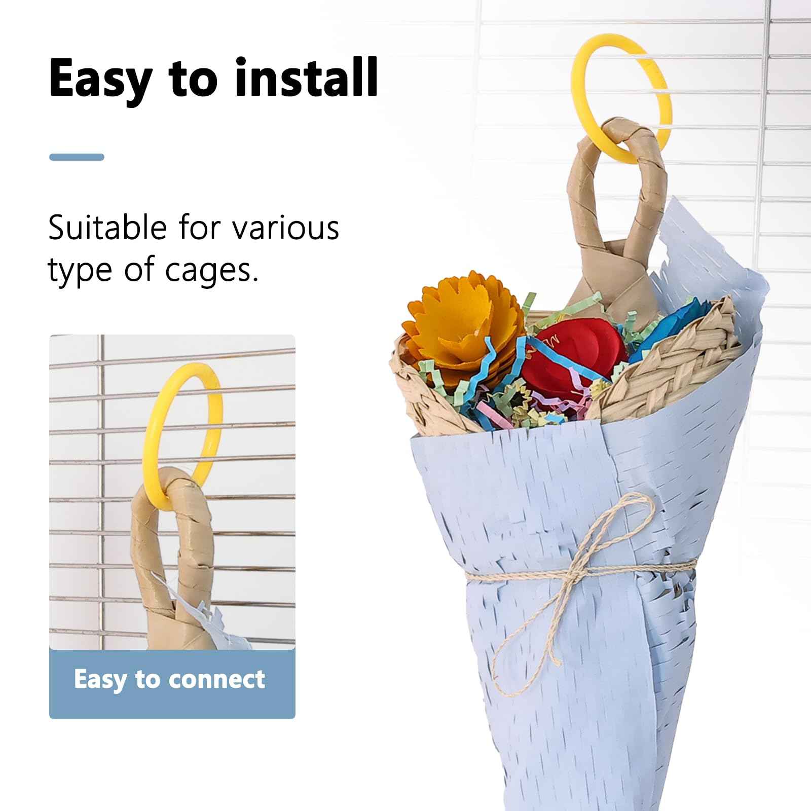 Parrot Chew Toys Set - Natural Wood & Loofah Toys with Plant-Based Dyes, 3 Pack Bird Chew Toys for Cockatiels, Conures & Small Parrots for Cage Enrichment (3 Pieces of Blue Series)