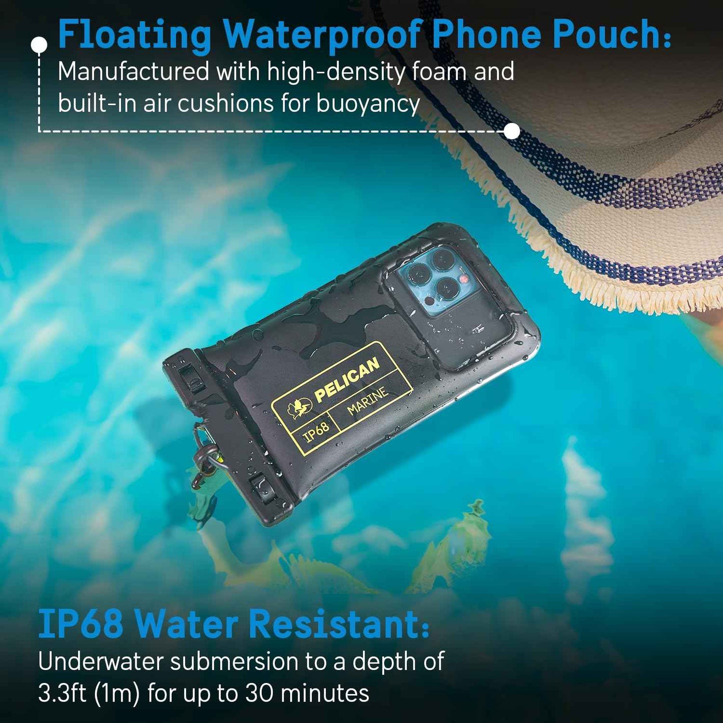 Pelican 2 Pack Marine - IP68 Waterproof Phone Pouch (Regular Size) Floating Waterproof Phone Case - Beach Cruise Ship Travel Essentials - Works w/All Phones - Detachable Lanyard - Black/Hi-Vis Yellow