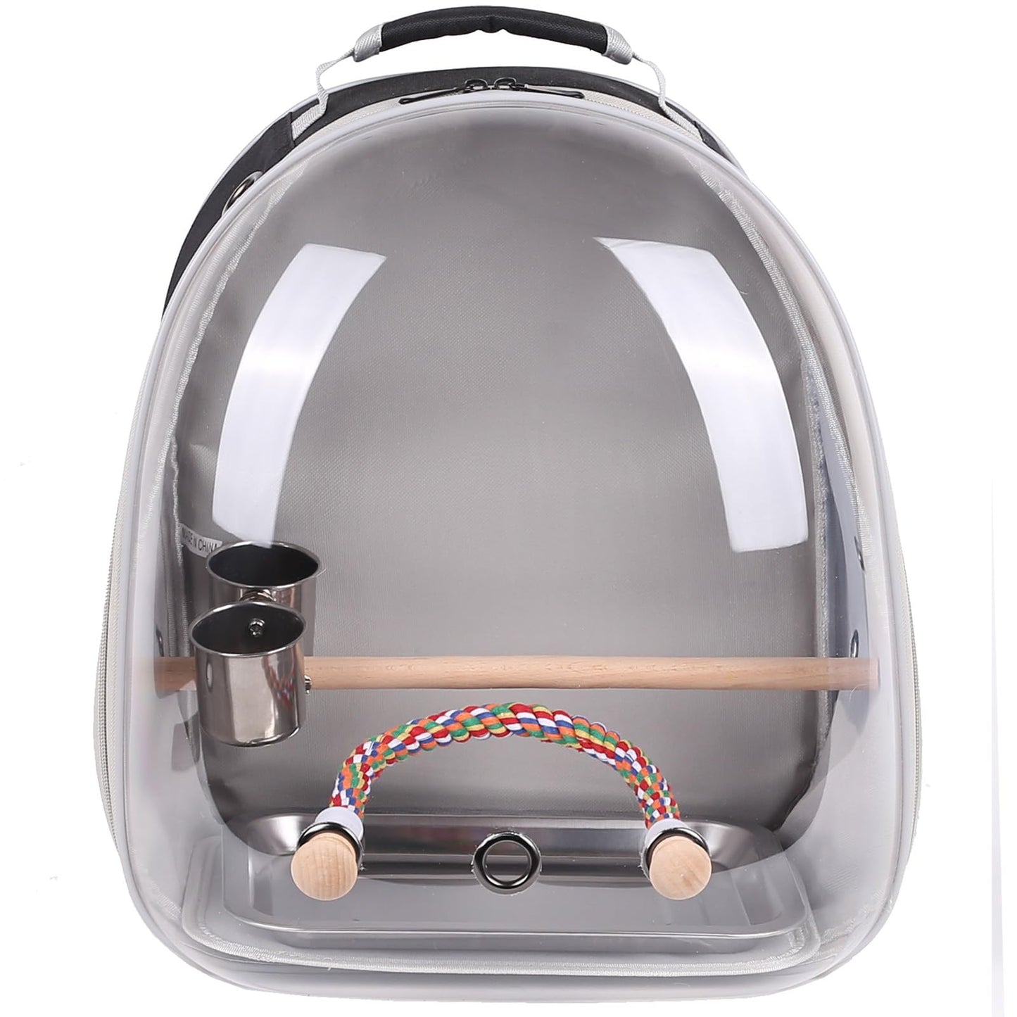 Bird Traval Carrier Cage, Clear Space Capsule Astronaut Backpack to Carry Parakeet Cockatiel Parrot with Metal Tray Wood Perch, Vet Transport School Bag