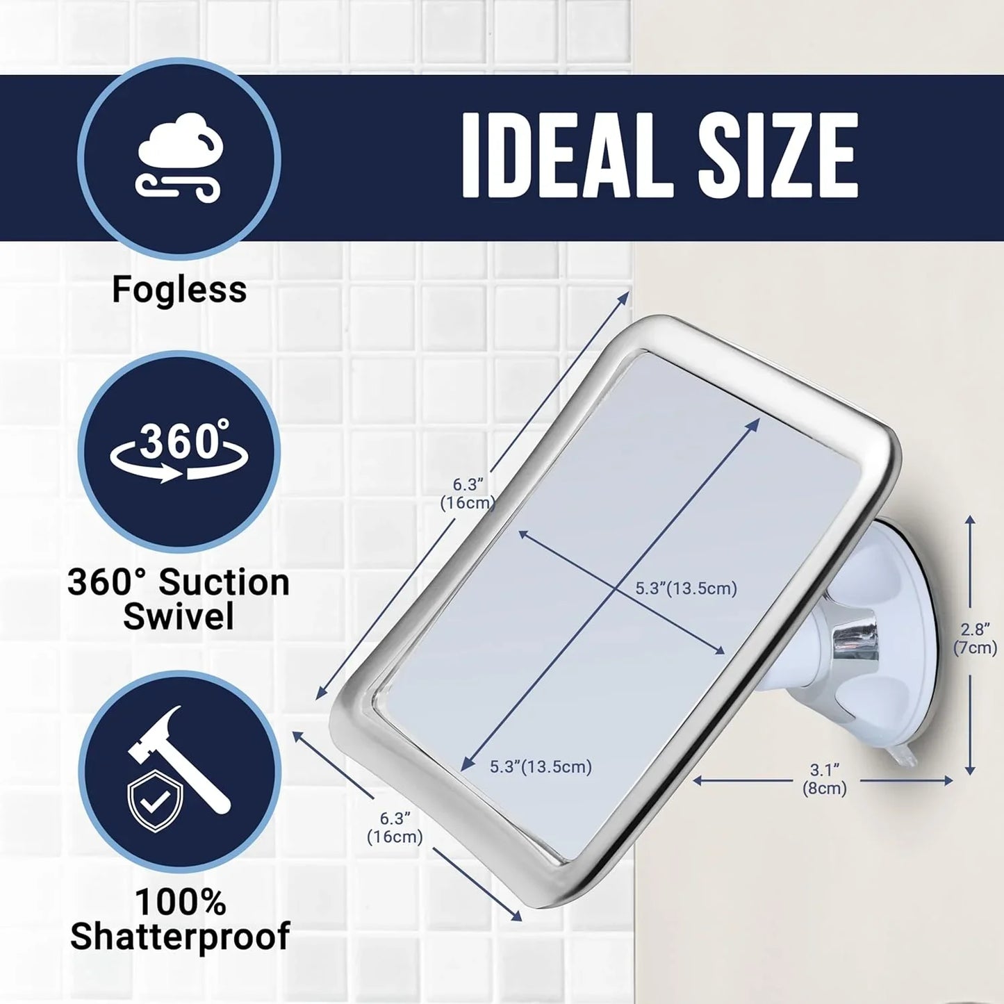 MIRRORVANA Fogless Shower Mirror for Shaving with Upgraded Suction, Anti Fog Shatterproof Surface and 360° Swivel, No Magnification, 6.3" x 6.3" (Chrome) - Jlhbookstore.store