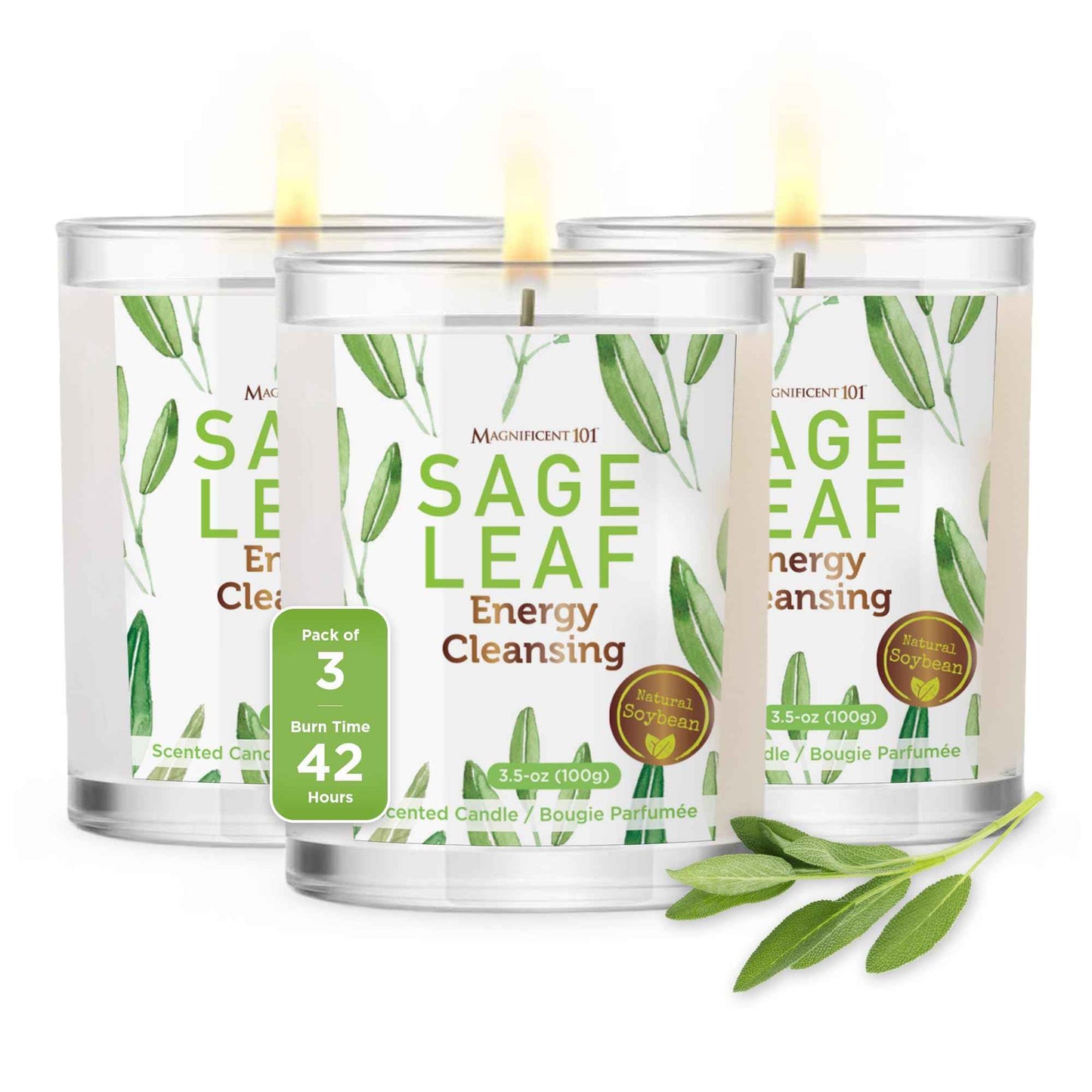 Magnificent 101 Set of 3 Long Lasting Pure Sage Smudge Candles - 42 Hour Burn, 3.5 Oz Each, Made with Soy Wax and Herb, Ideal for House Energy Cleansing, Meditation & Manifestation