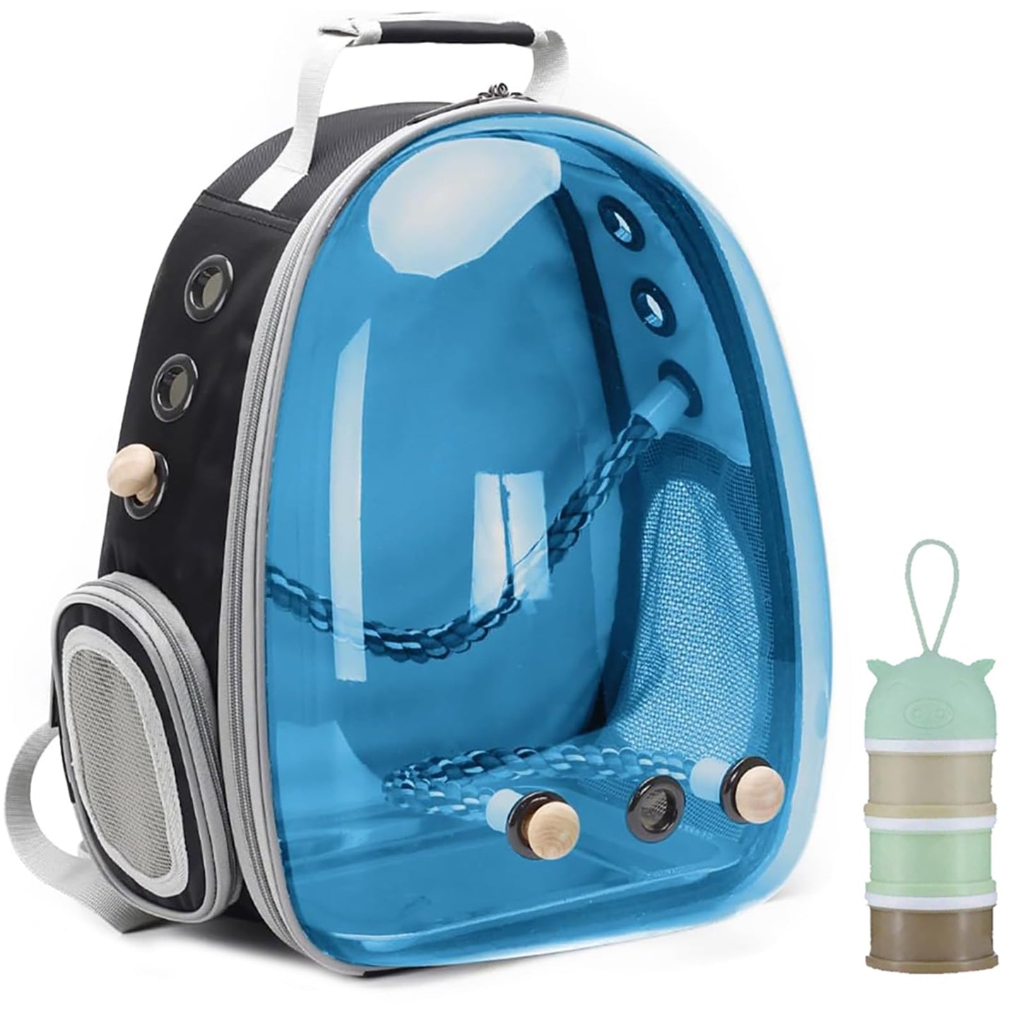 Bird Traval Carrier Cage, Clear Space Capsule Astronaut Backpack to Carry Parakeet Cockatiel Parrot with Metal Tray Wood Perch, Vet Transport School Bag